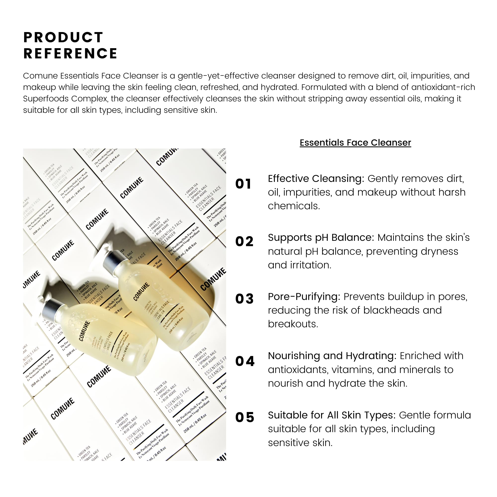 COMUNE Essentials Face Cleanser - Gentle-Yet-Effective for Clear, Healthy Skin | Superfood Antioxidants | Removes Dirt, Oil, & Makeup Without Drying or Stripping | All Skin Types, 250 mL / 8.45 fl.oz