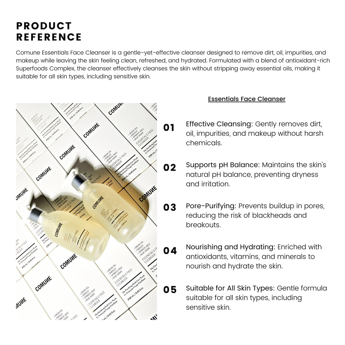 COMUNE Essentials Face Cleanser - Gentle-Yet-Effective for Clear, Healthy Skin | Superfood Antioxidants | Removes Dirt, Oil, & Makeup Without Drying or Stripping | All Skin Types, 250 mL / 8.45 fl.oz