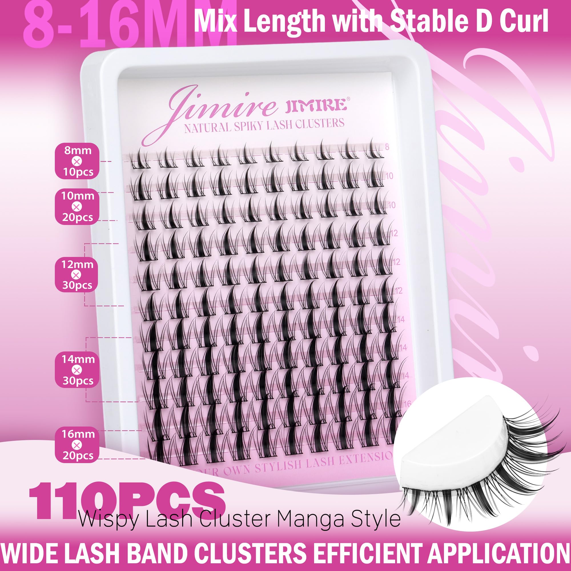 JIMIRE Lash Clusters Kit Manga Cluster Lashes Natural Look Wispy DIY Lash Extension Kit with Lash Bond and Seal Waterproof 110Pcs 8-16MM Wispy D Curl Individual Lashes Wet-Look Eyelash Extension