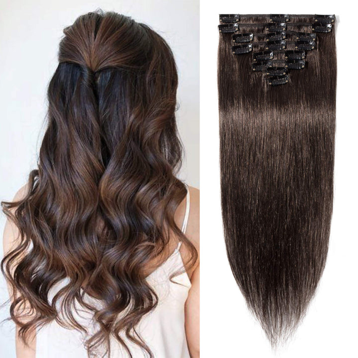 S-noilite Clip in Human Hair Extension 8Inch 18 Clips Short Clip in Hairpieces 45g 8 Pieces Thin Remy Hair For Women With Thin Hair Add Hair Volume Dark Brown