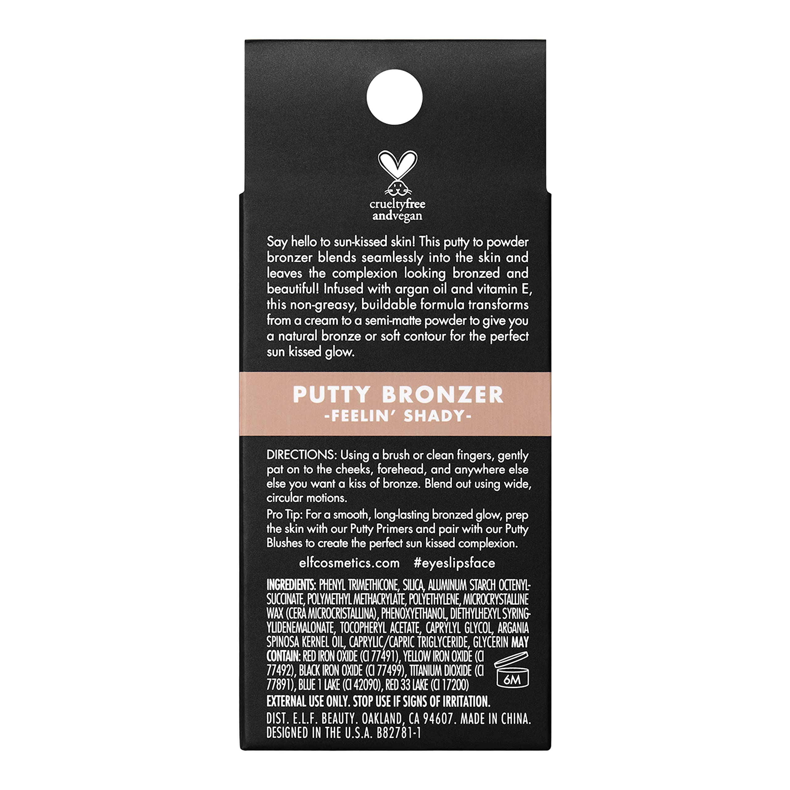 e.l.f. Putty Bronzer, Creamy & Highly Pigmented Formula, Creates a Long-Lasting Bronzed Glow, Infused with Argan Oil & Vitamin E, Feelinââ‚¬â„¢ Shady, 0.35 Oz (10g)