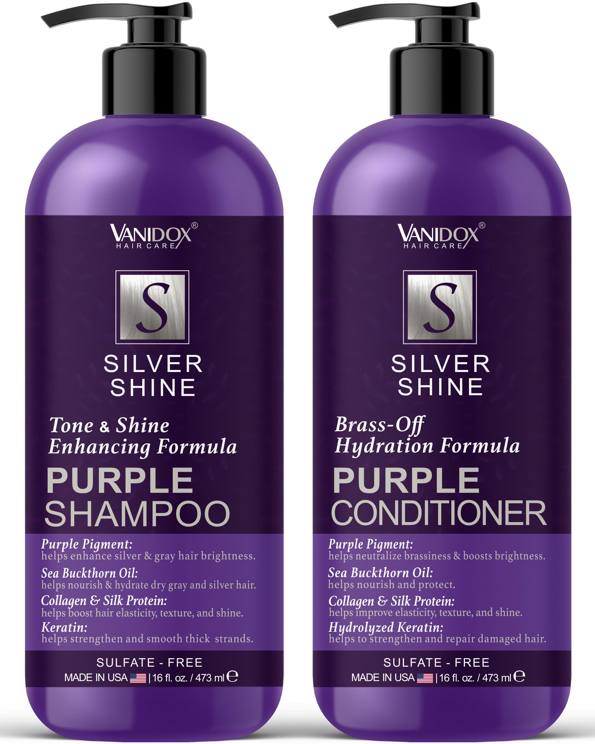 VANIDOX Sulfate Free Purple Shampoo and Conditioner Set for Grey and Silver Hair, Brass Toning with Infused Purple Pigment, for Women (16 fl oz each)