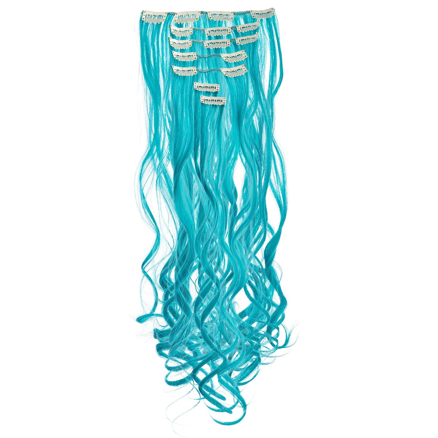 20-Inch Curly, Teal Blue : SWACC 7 Pcs Full Head Party Highlights Clip on in Hair Extensions Colored Hair Streak Synthetic Hairpieces (20-Inch Curly, Teal Blue)