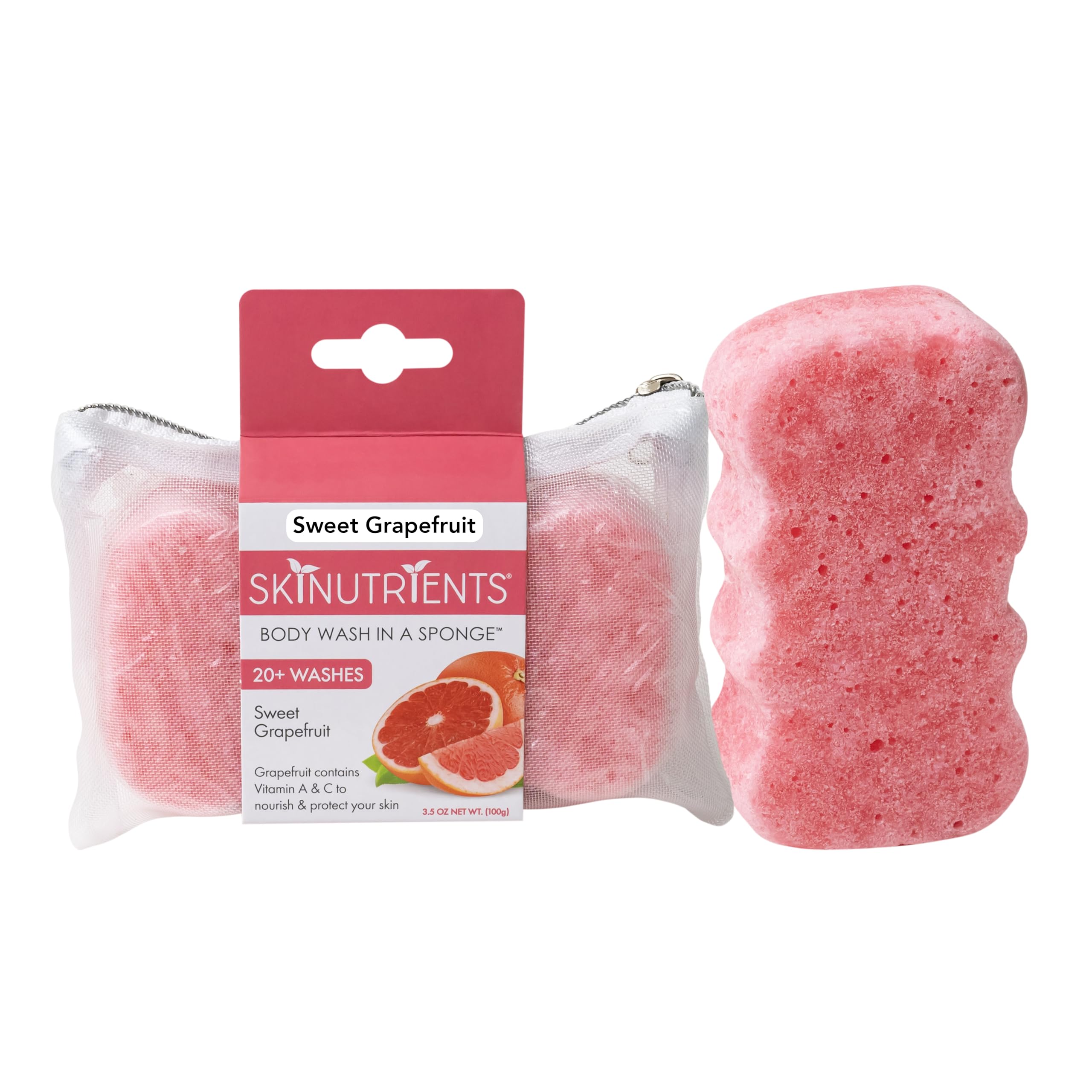 Spongeables Skinutrients Moisturizing Body Wash in a Sponge, 20+ washes, 3.5 oz, Sweet Grapefruit with Bonus Travel Bag, 1 Count