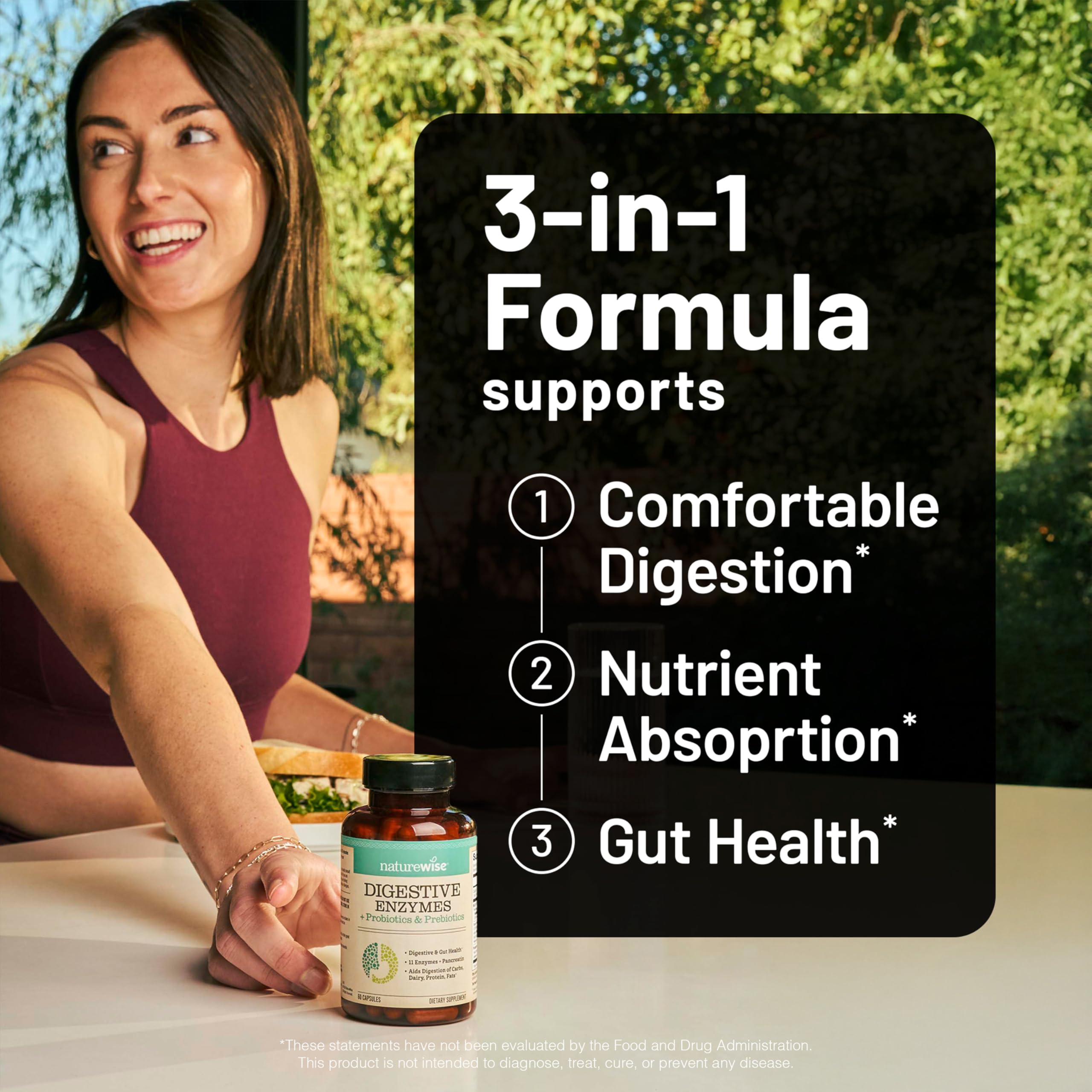 NatureWise Digestive Enzymes - Multi Enzymes with Probiotics + Prebiotics - Post Mealtime Comfort & Bloating Support + Aids Digestion and Gut Health - Soy-Free, Non-GMO - 60 Capsules[1-Month Supply]