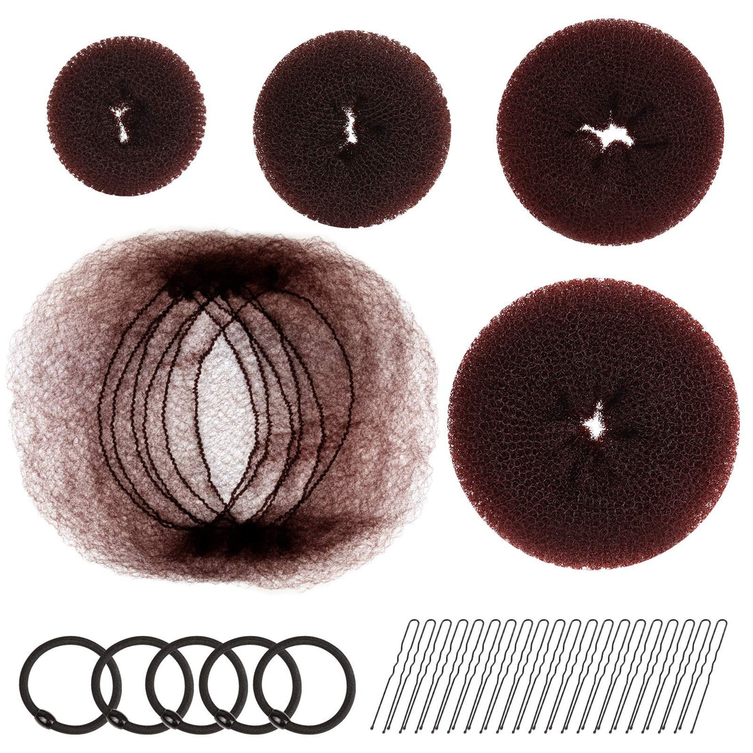 Hair Donut Bun Maker, FANDAMEI Girls Hair Styling kit with 20 Pieces Invisible Hair Nets for Bun, 4pcs Donut Bun Maker, 5 pieces Hair Elastic Bands, 20 pieces Hair Bobby Pin