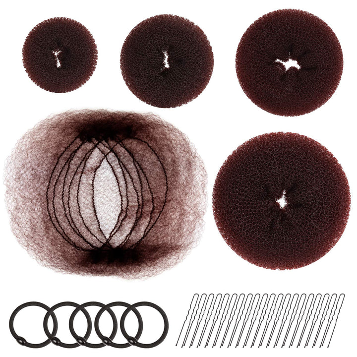 Hair Donut Bun Maker, FANDAMEI Girls Hair Styling kit with 20 Pieces Invisible Hair Nets for Bun, 4pcs Donut Bun Maker, 5 pieces Hair Elastic Bands, 20 pieces Hair Bobby Pin
