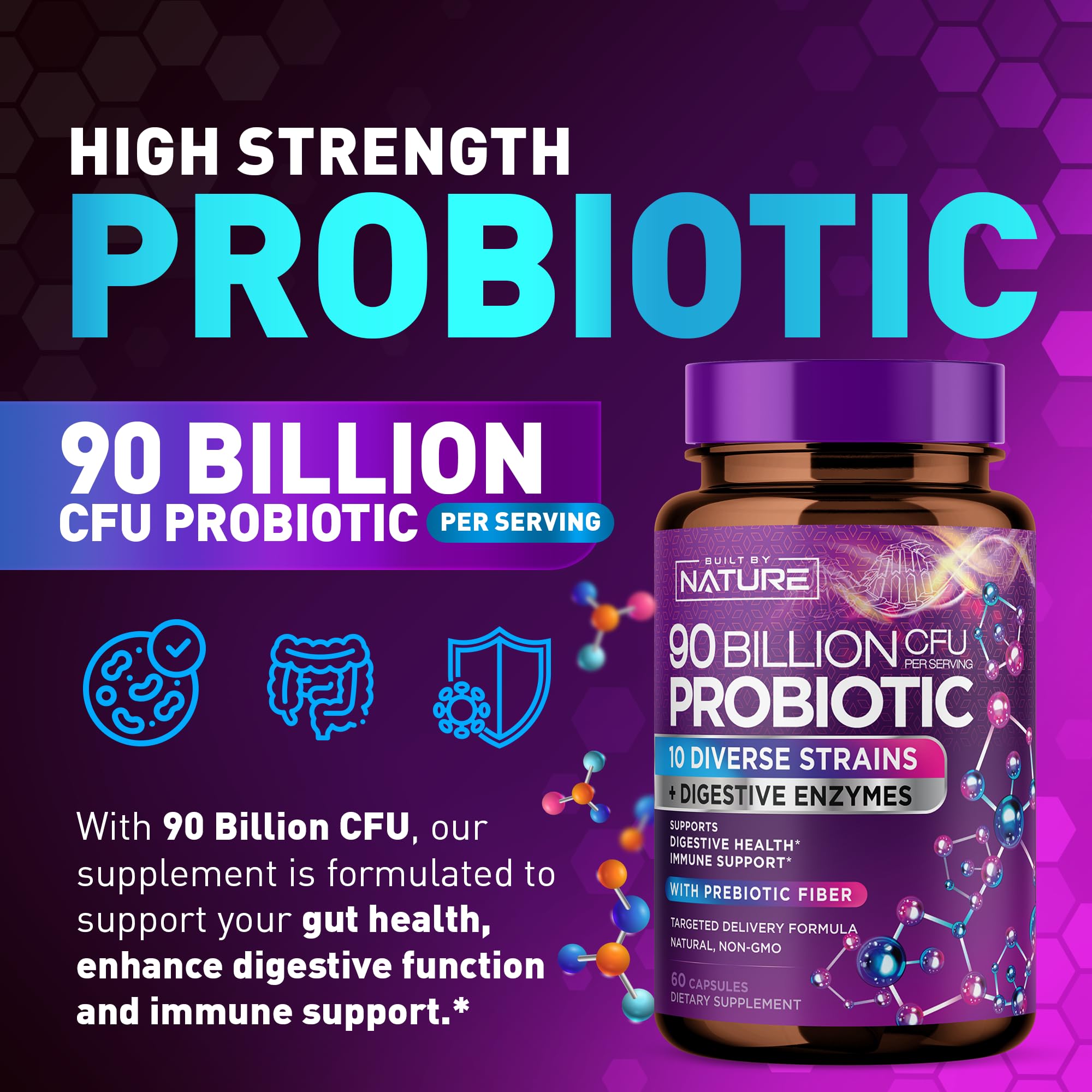 90 Billion CFU Probiotic - Daily Digestive Gut Health Supplement for Men & Women - Lactobacillus acidophilus, Bifidobacterium & Prebiotics - Non-GMO, Gluten & Dairy Free, Shelf-Stable - 60 Capsules