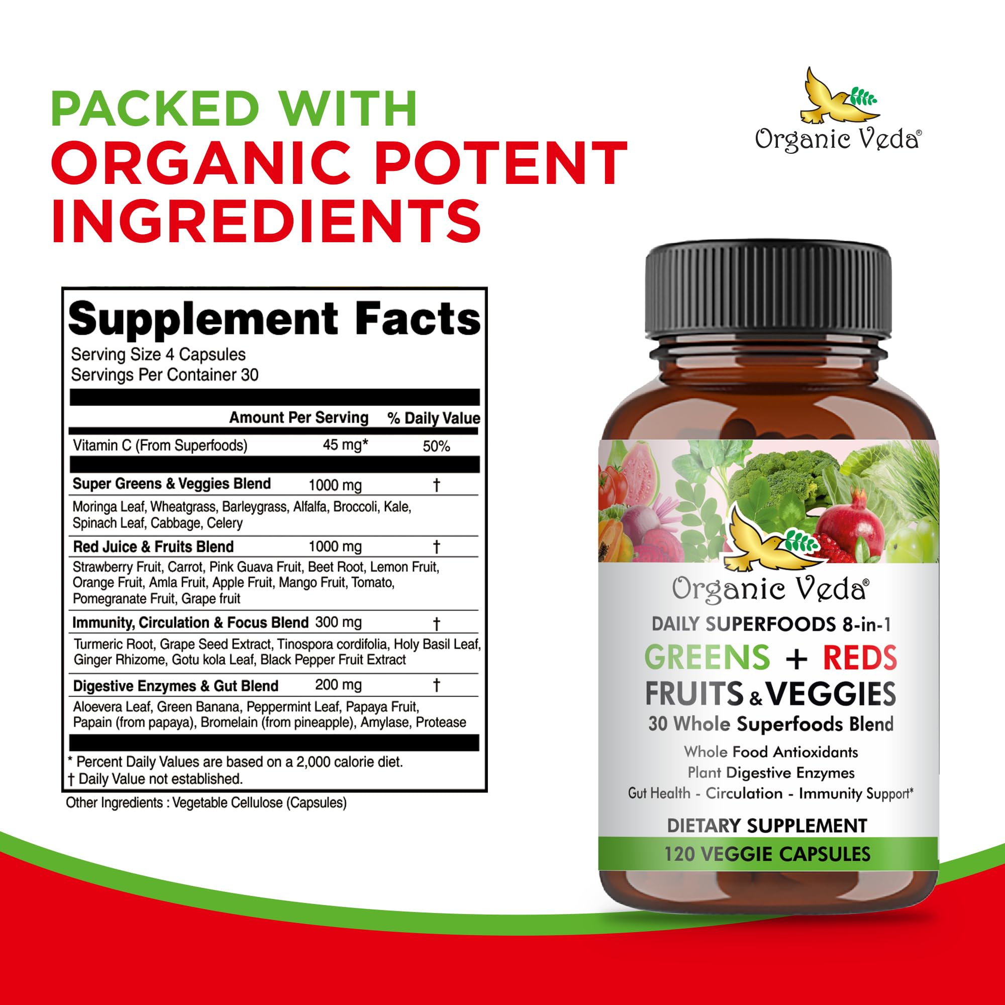 Organic Veda Super Greens Reds Veggies Capsules - 8 in 1 Daily 30 Whole Organic Superfoods Fruits & Vegetables Supplement - Papaya Enzymes, Spirulina, Chlorella, Moringa, Beet, Turmeric - 120 Vegan