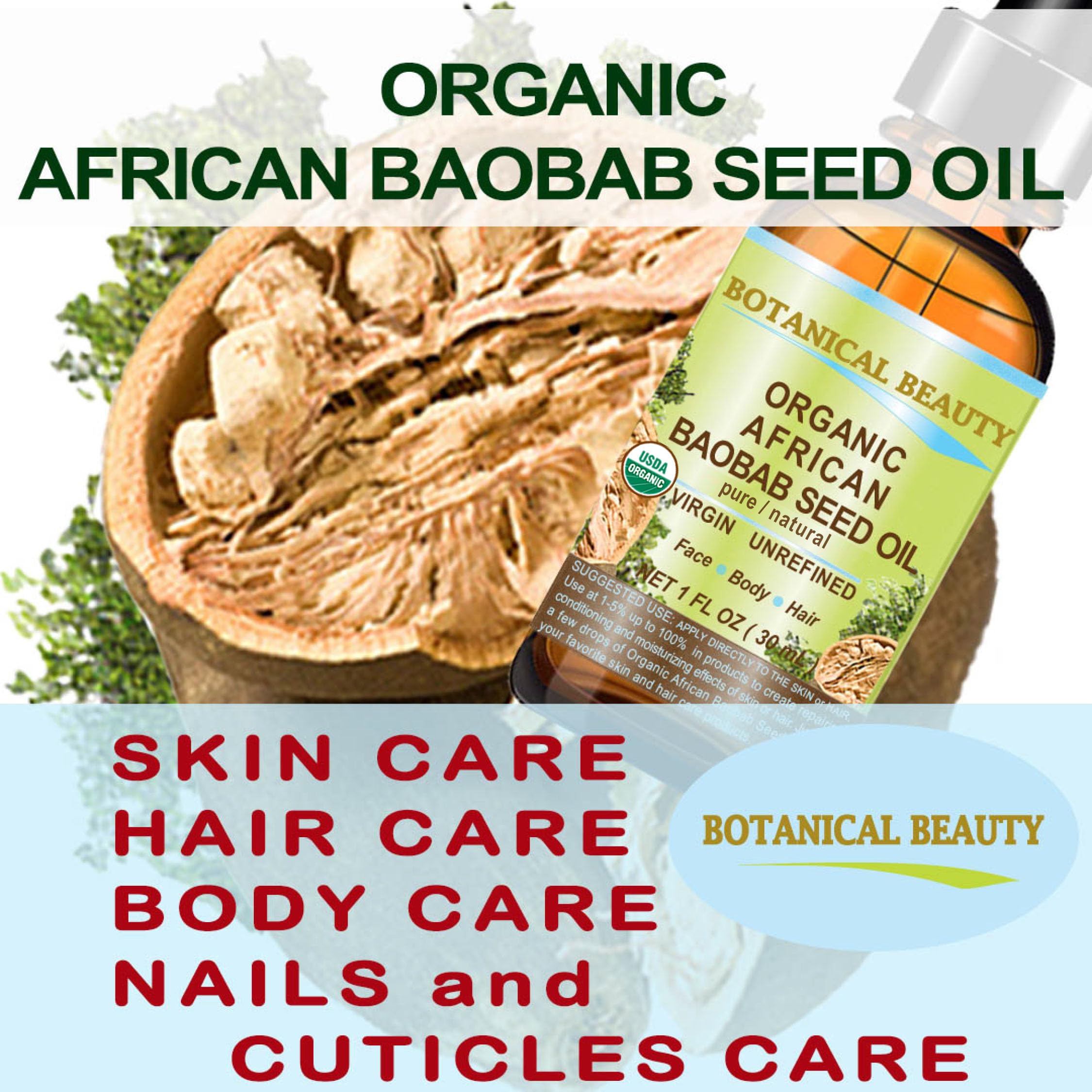 Botanical Beauty Organic BAOBAB SEED OIL 100% Pure Natural Refined Cold-pressed Carrier Oil 0.5 Fl oz 15 ml For Face, Skin, Body, Hair, Lip, Nails. Rich in vitamin C, Vitamin E
