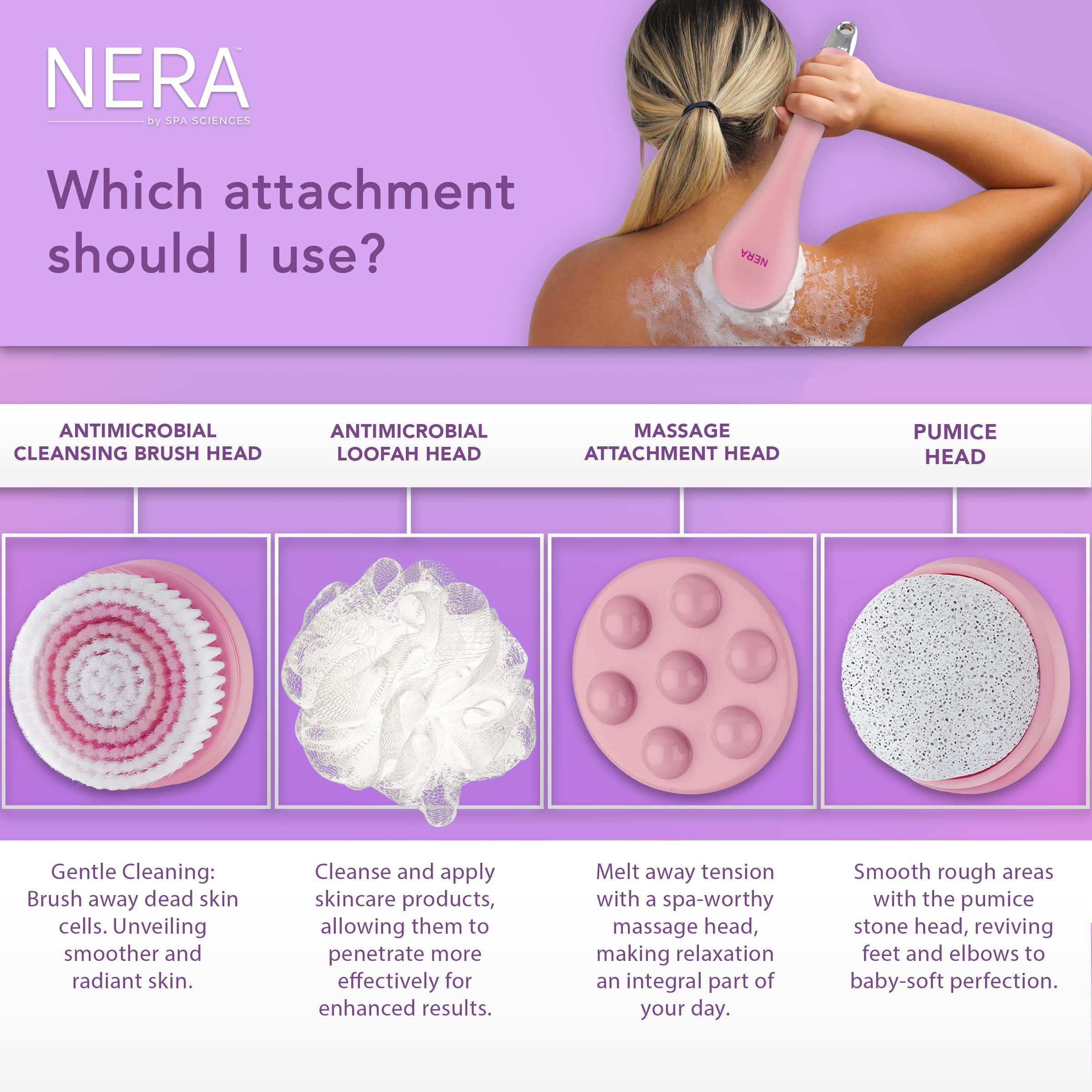 Spa Sciences NERA Shower Body Brush - 4-in-1 Multifunction Treatment - for Improved Exfoliation, Cleansing, Massaging - Includes Body Brush, Loofah, Pumice Stone, Massage Head - All Skin Types