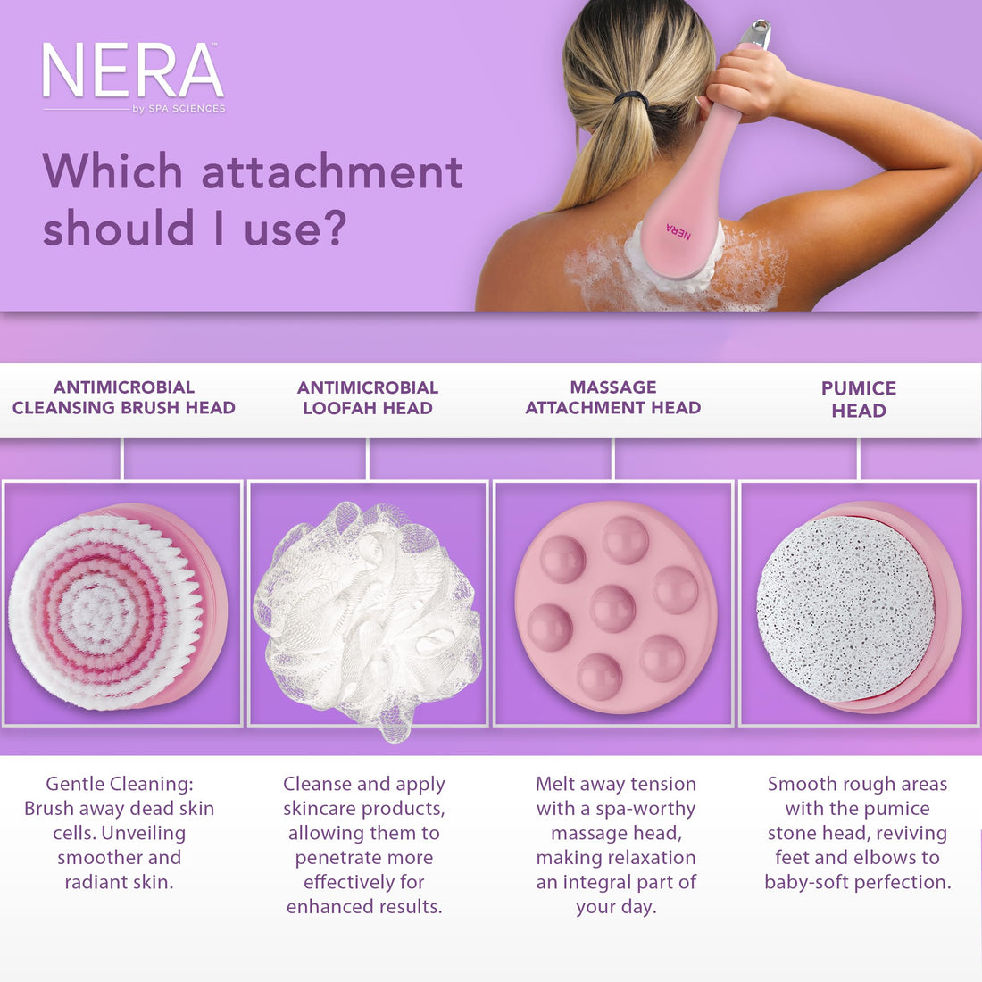 Spa Sciences NERA Shower Body Brush - 4-in-1 Multifunction Treatment - for Improved Exfoliation, Cleansing, Massaging - Includes Body Brush, Loofah, Pumice Stone, Massage Head - All Skin Types