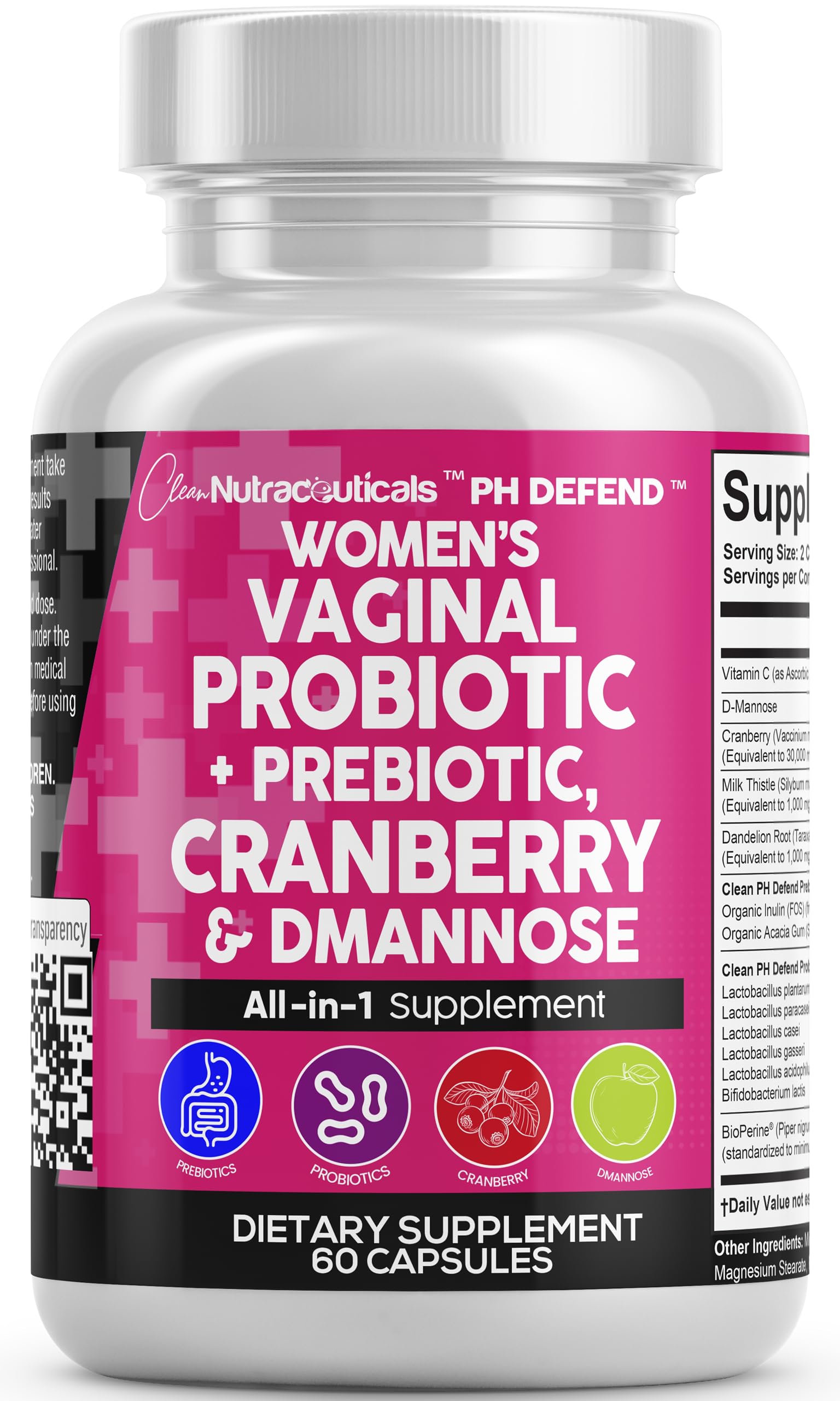 Clean Nutraceuticals Vaginal Probiotics for Women + Prebiotics 20 Billion Cranberry Pills w/D-Mannose 500 mg for Urinary Tract Health pH Balance - for Vaginal Health Supplements Pills - 1 Pack