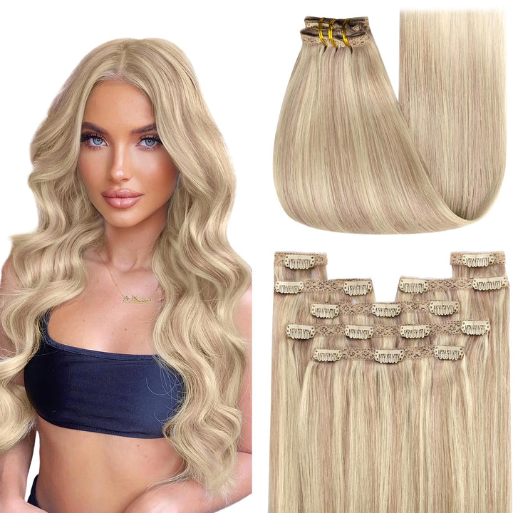 Youngsee 18inch Remy Hair Extensions Clip in Human Hair Ash Blonde Highlight with Bleach Blonde 7 Pieces 120G Silk Straight Full Head Human Hair Clip in Extensions: 18, P#18/613