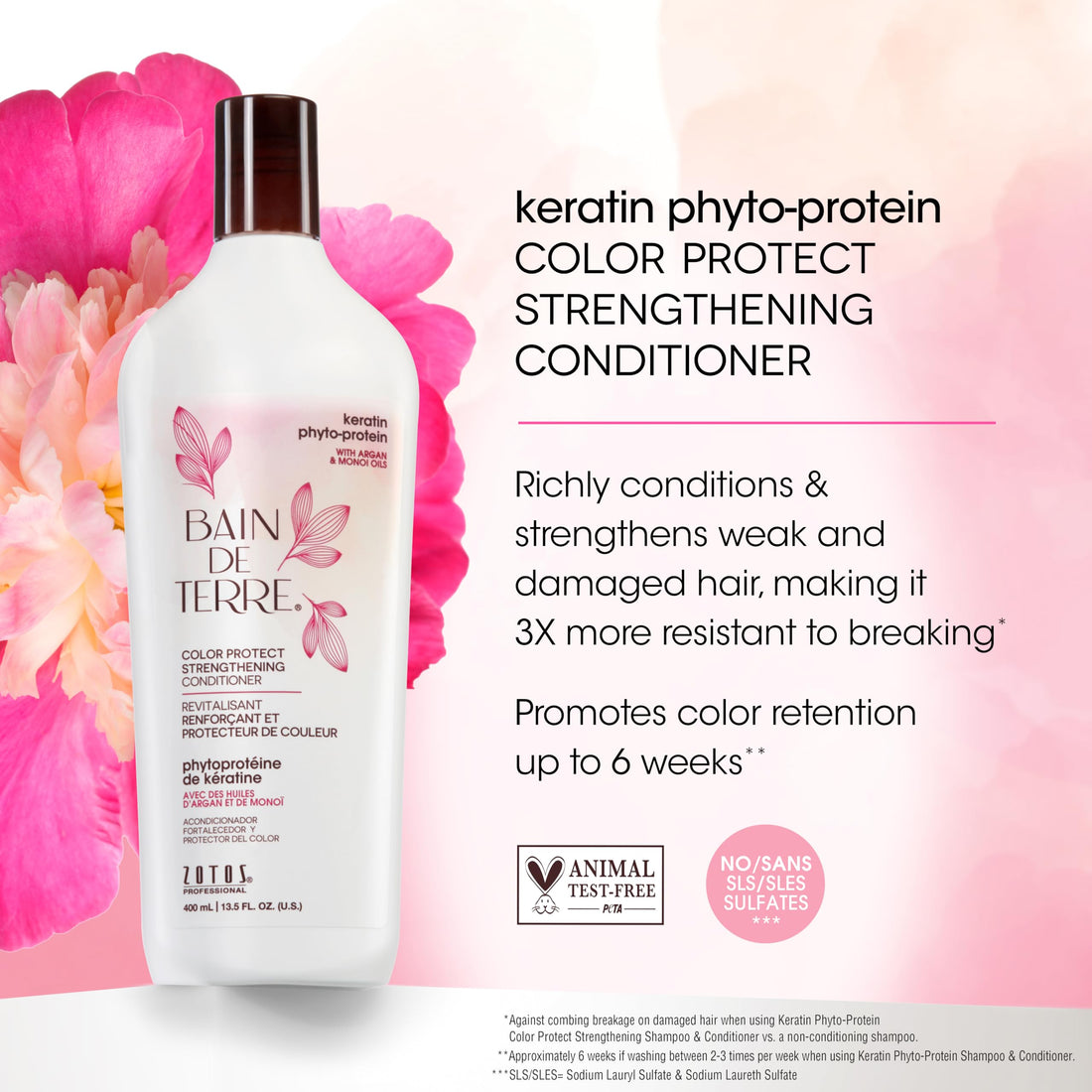 Bain de Terre Keratin Phyto-Protein Color Protect Strengthening Conditioner, Color-Safe Strengthening for Weak & Damaged Hair, Sulfate-Free, Paraben-Free 13.5 Fl Oz