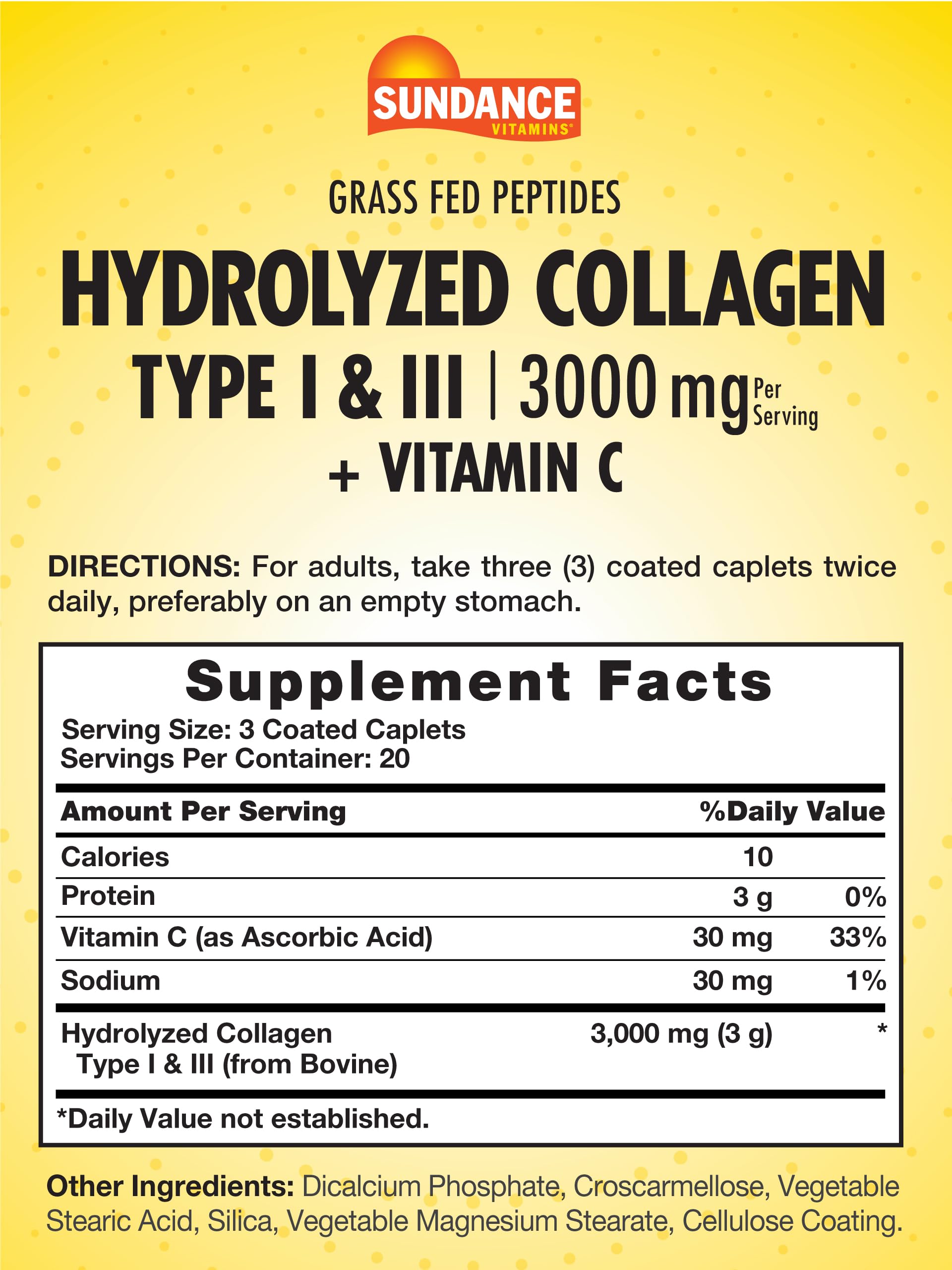 Sundance Collagen Peptides Pills | 3000mg | Type I & II with Vitamin C | 60 Caplets | Non-GMO & Gluten Free Supplement