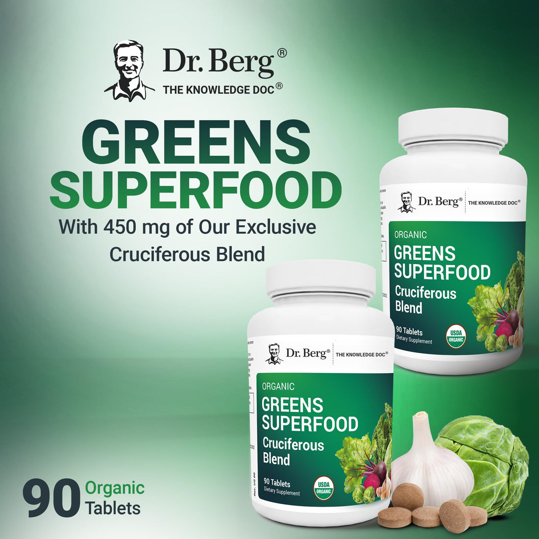 Dr. Berg's Greens Superfood Cruciferous Vegetable Tablets - Vegetable Supplements for Adults w/ 11 Phytonutrient Super Greens Tablets - Energy, Immune System & Liver Veggie Tablets - 90 Tablets