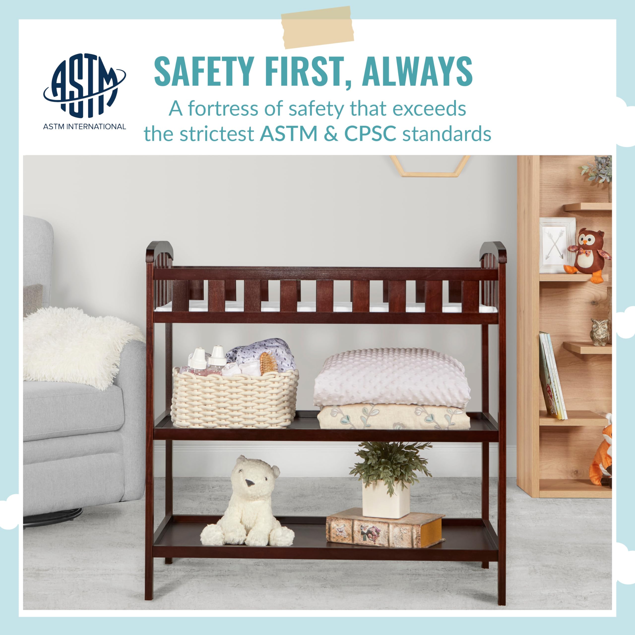 Dream On Me Emily Changing Table In Espresso, Comes With 1 Changing Pad, Features Two Shelves, Portable Changing Station, Made Of Sustainable New Zealand Pinewood