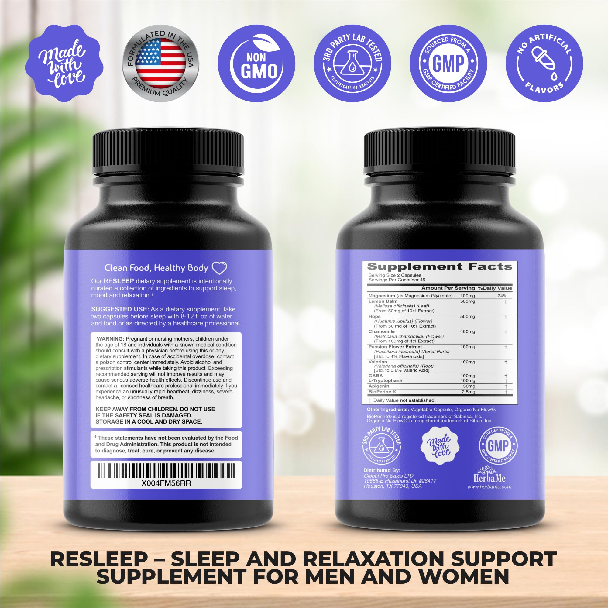 HerbaMe Sleep Aid Support Supplement - Melatonin Free Formula with Magnesium, Valerian, Chamomile, Apigenin, Helps Restful Sleep and Relaxation, No Grogginess Sleeping Pills