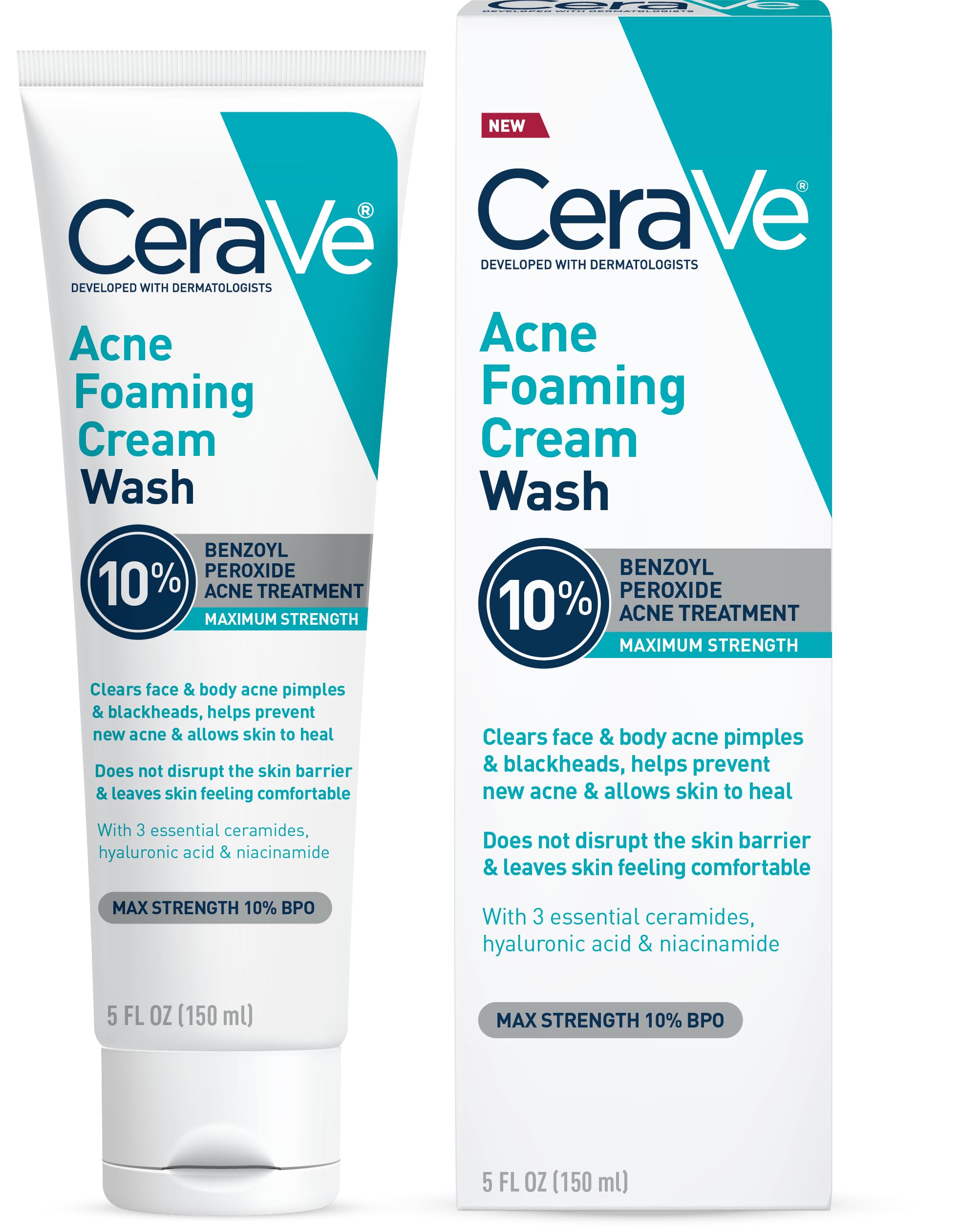 CeraVe Acne Foaming Cream Wash, Gentle Face and Body Cleanser with Benzoyl Peroxide 10%, Hyaluronic Acid, and Niacinamide, 10% Benzoyl Peroxide Treatment Clears Pimples and Blackheads 5 Oz