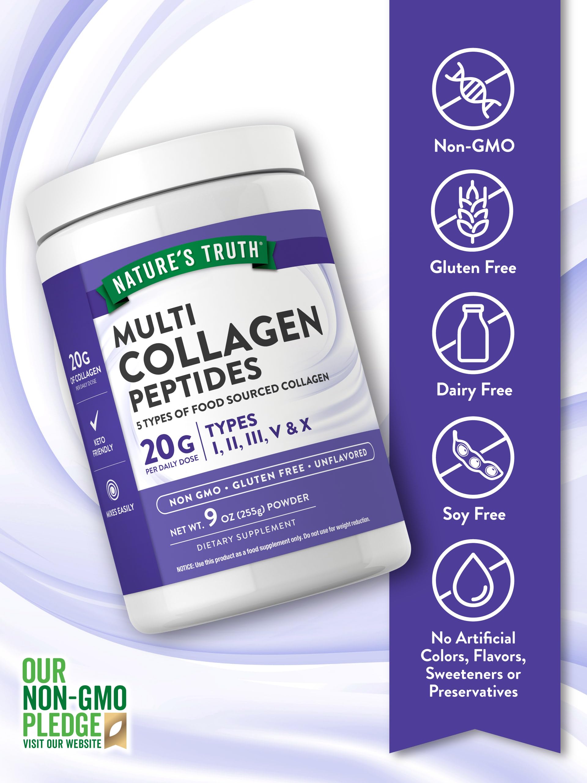 Nature's Truth Multi Collagen Peptide Powder | 9 oz | Type I, II, III, V, X | Unflavored | Non-GMO & Gluten Free Supplement