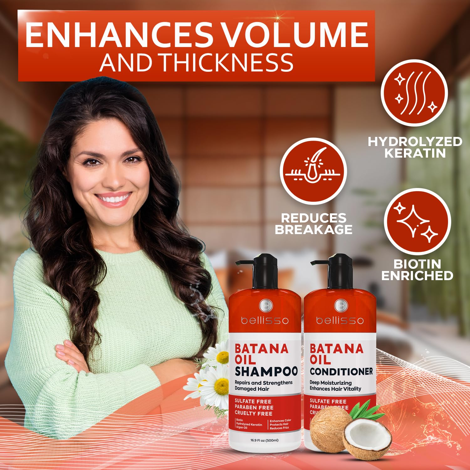 Batana Oil Shampoo and Conditioner Set - Thickening Hair Products for Women and Men - For Strengthening and Volumizing Fine and Thinning Hair - Sulfate Free with Biotin and Keratin for a Fuller Look