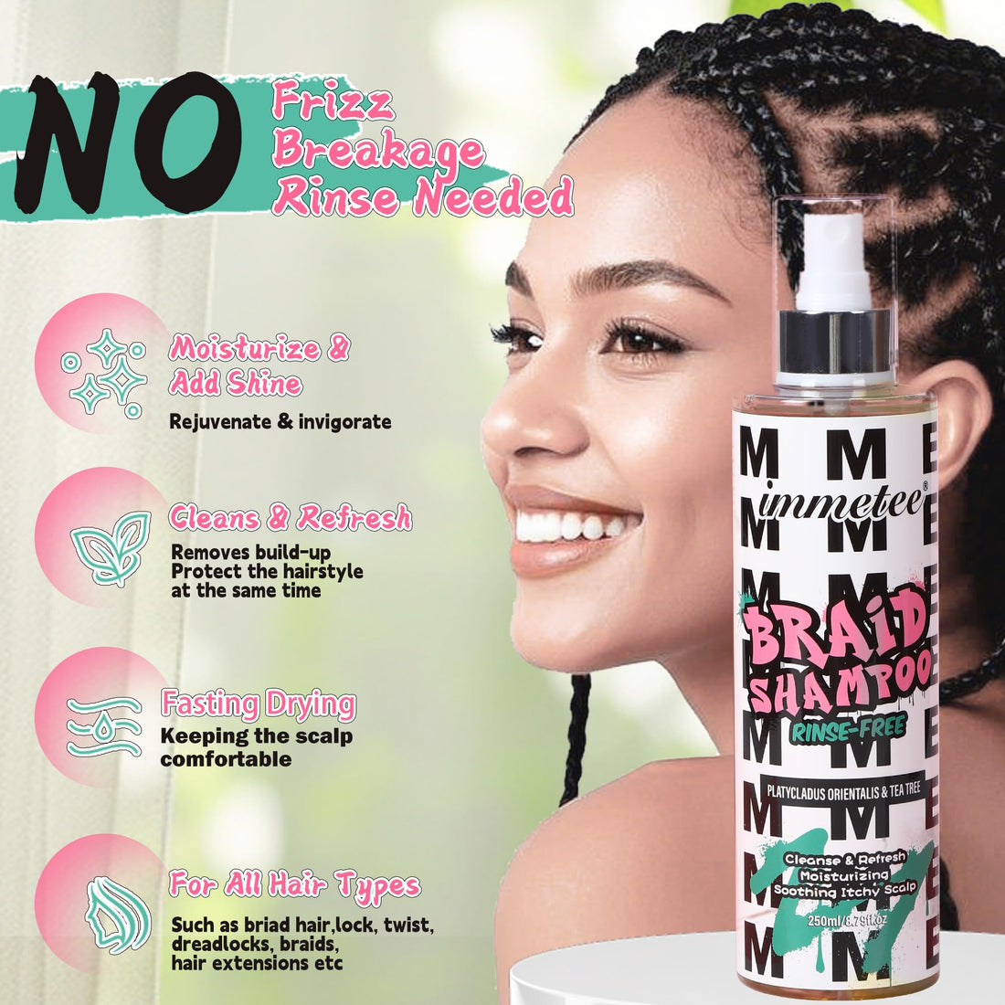 immetee No Rinse Shampoo for Braids & Dreadlock,with Aloe Vera,Olive Oil & Tea Tree Oil,Moisturizing Rinse Free Braid Shampoo Spray Eliminates Odor & Itch 250ml/8.79oz