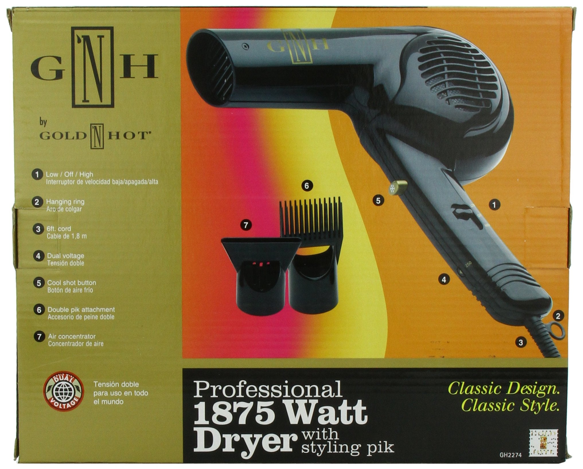 Gold 'N Hot Professional 1875-Watt Dryer with Styling Pik