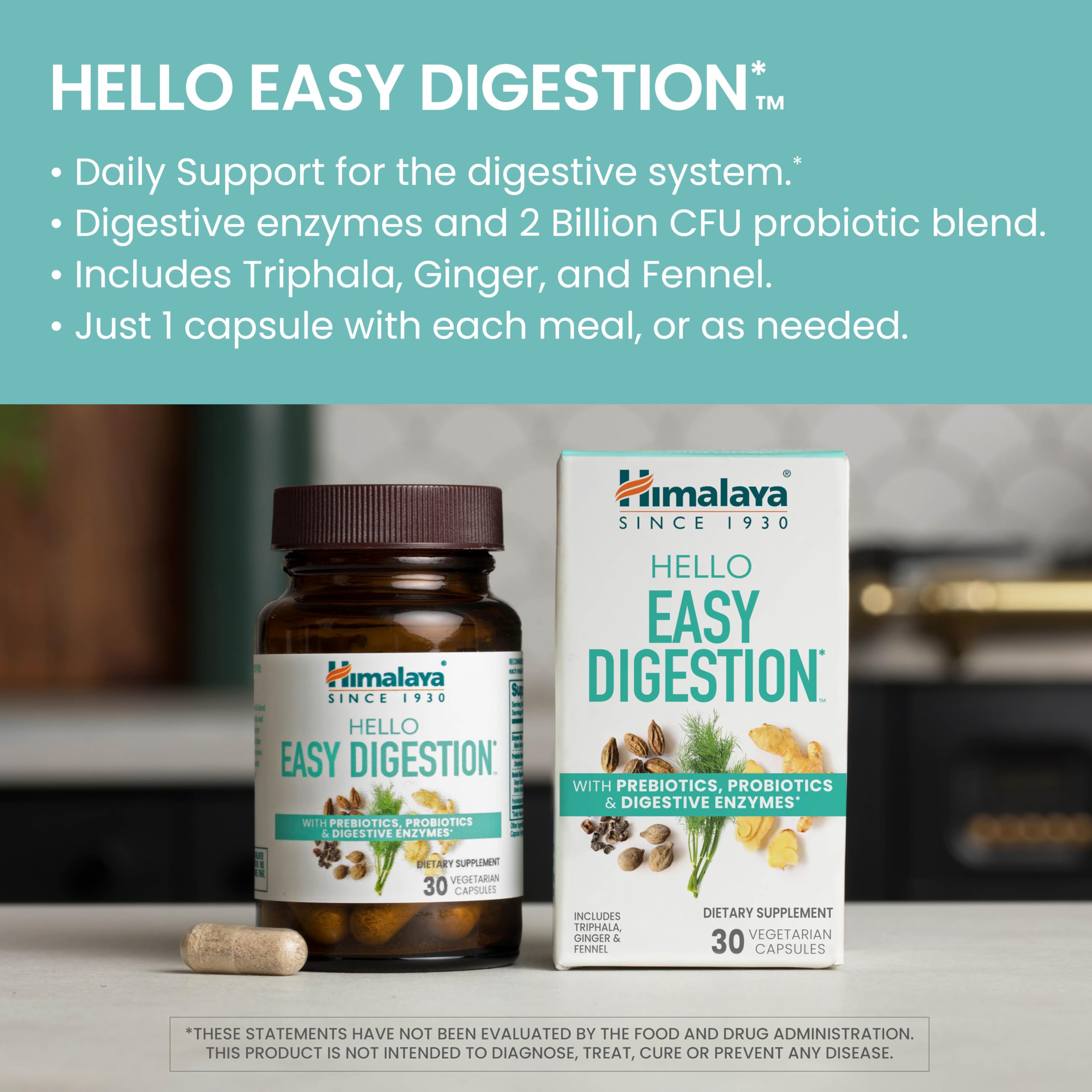 Himalaya Hello Easy Digestion, Digestive Enzymes with 2 Billion CFU Probiotics and Prebiotics, Plus 100 mg Herbal Digestive Support with Ginger, Fennel & Triphala, 30 Vegetarian Capsules