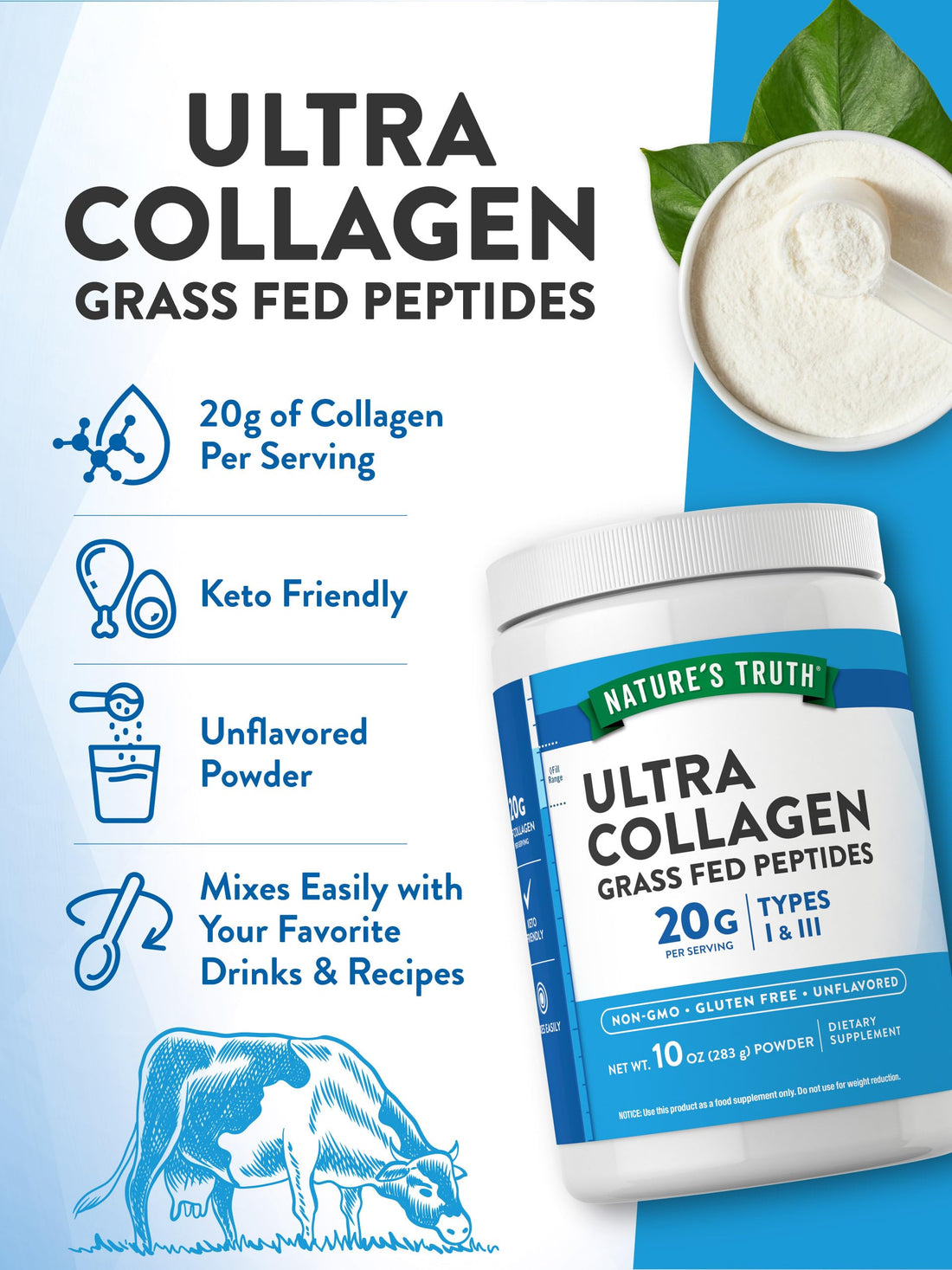 Nature's Truth Collagen Peptides Powder Unflavored | Grass Fed, Type 1 & 3 | 10 oz | Keto Friendly | Mixes Easily | Non-GMO, Gluten Free Supplement