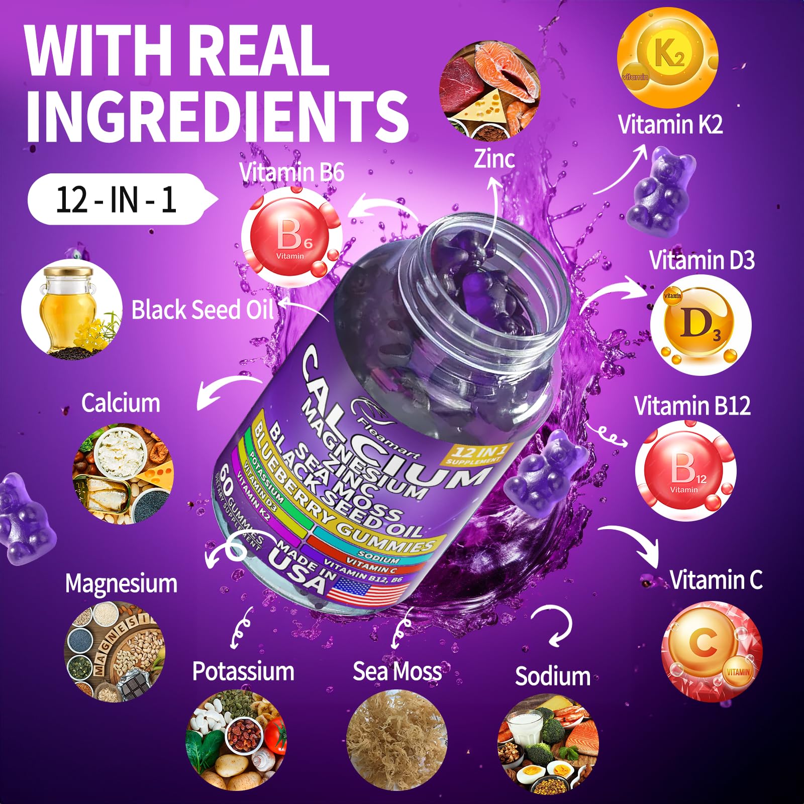 Calcium Magnesium Zinc Supplement Gummies Sugar Free for Women and Men Calcium Gummies Supplement Bone & Immune Support Made in USA 60 Counts Blueberry Flavor