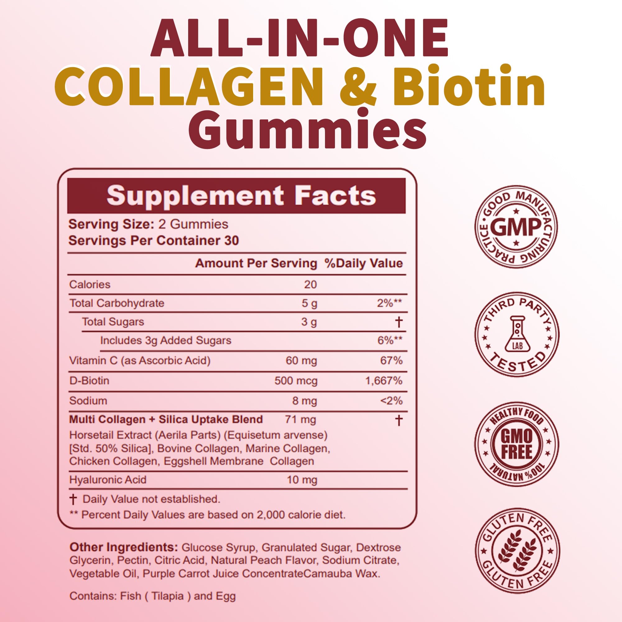 Zammex Multi Collagen Peptides Gummies (Type 1, 2, 3, 5 & 10), 30 Servings, Anti-Aging Collagen Gummy Supplements for Women&Men with Biotin Vitamin C, Hyaluronic Acid, Peach Flavor