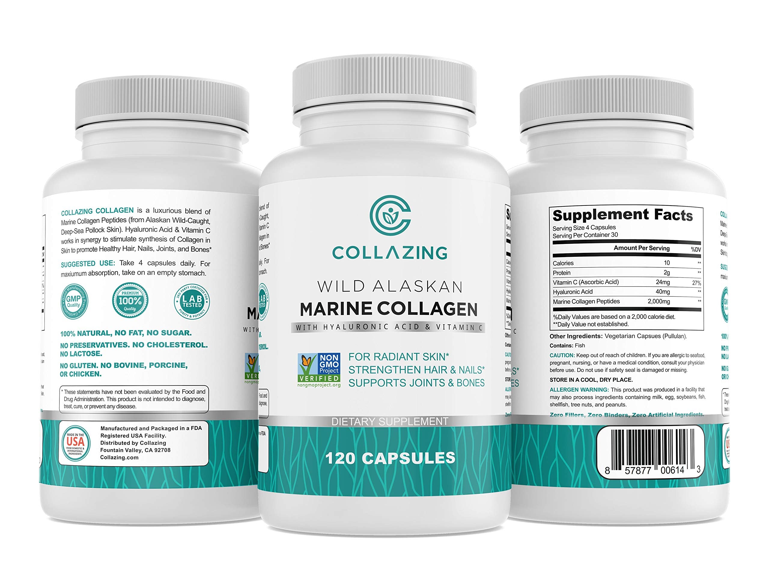 C COLLAZING - Alaskan Wild-Caught Marine Collagen Peptides with Hyaluronic Acid & Vitamin C - Supports Skin, Hair, Nails, Joints & Bones - Type 1 & 3 Collagen for Women & Men - 120 Powder Capsules