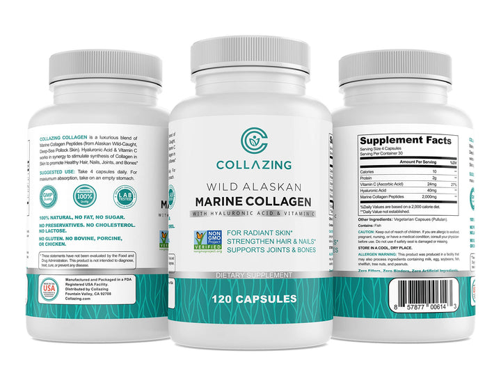 C COLLAZING - Alaskan Wild-Caught Marine Collagen Peptides with Hyaluronic Acid & Vitamin C - Supports Skin, Hair, Nails, Joints & Bones - Type 1 & 3 Collagen for Women & Men - 120 Powder Capsules
