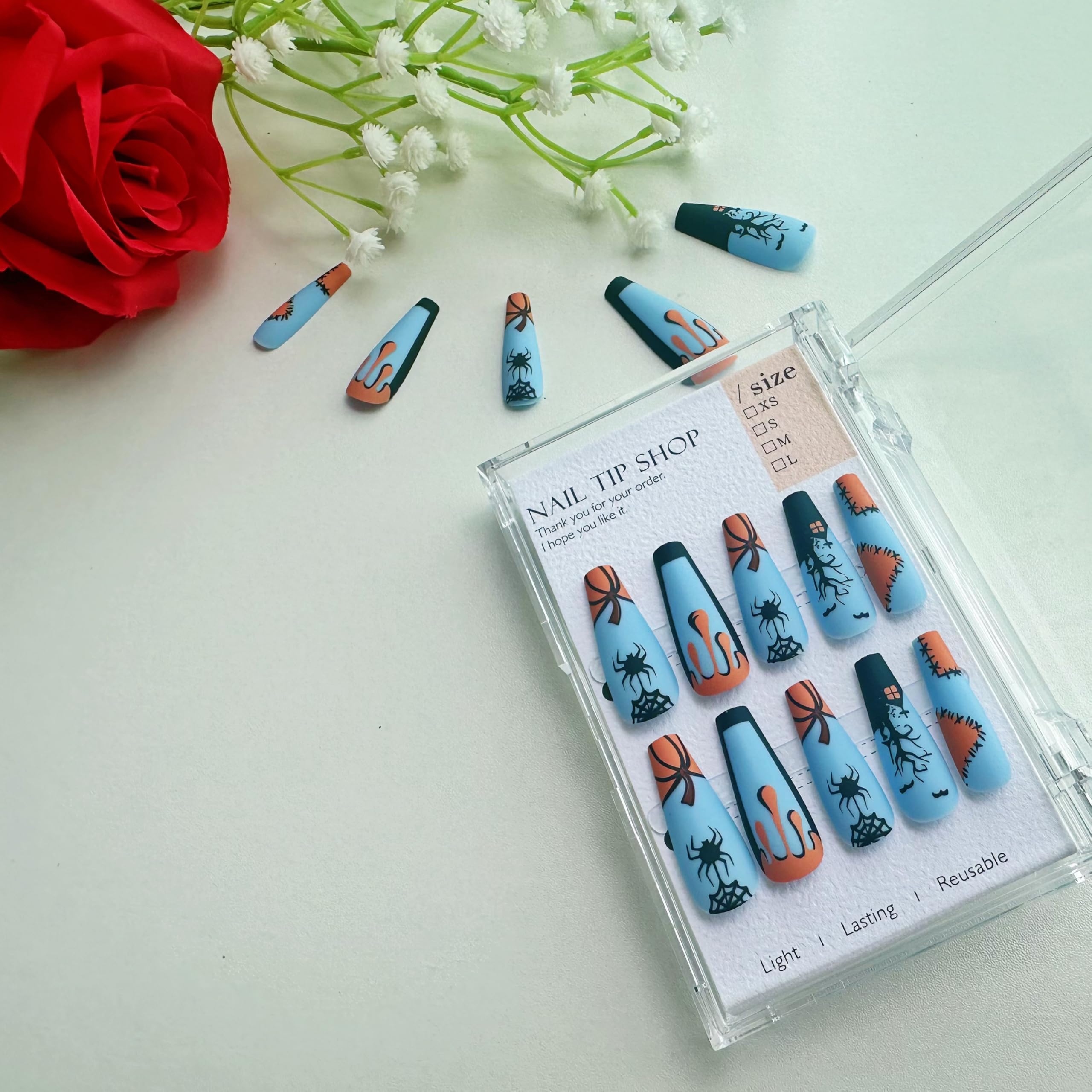 false nails,Blue long nails,Soft Gel Press - on Nails: Unique Blue with Palm Tree & Bow Designs, 24 nail sizes,Natural Fit