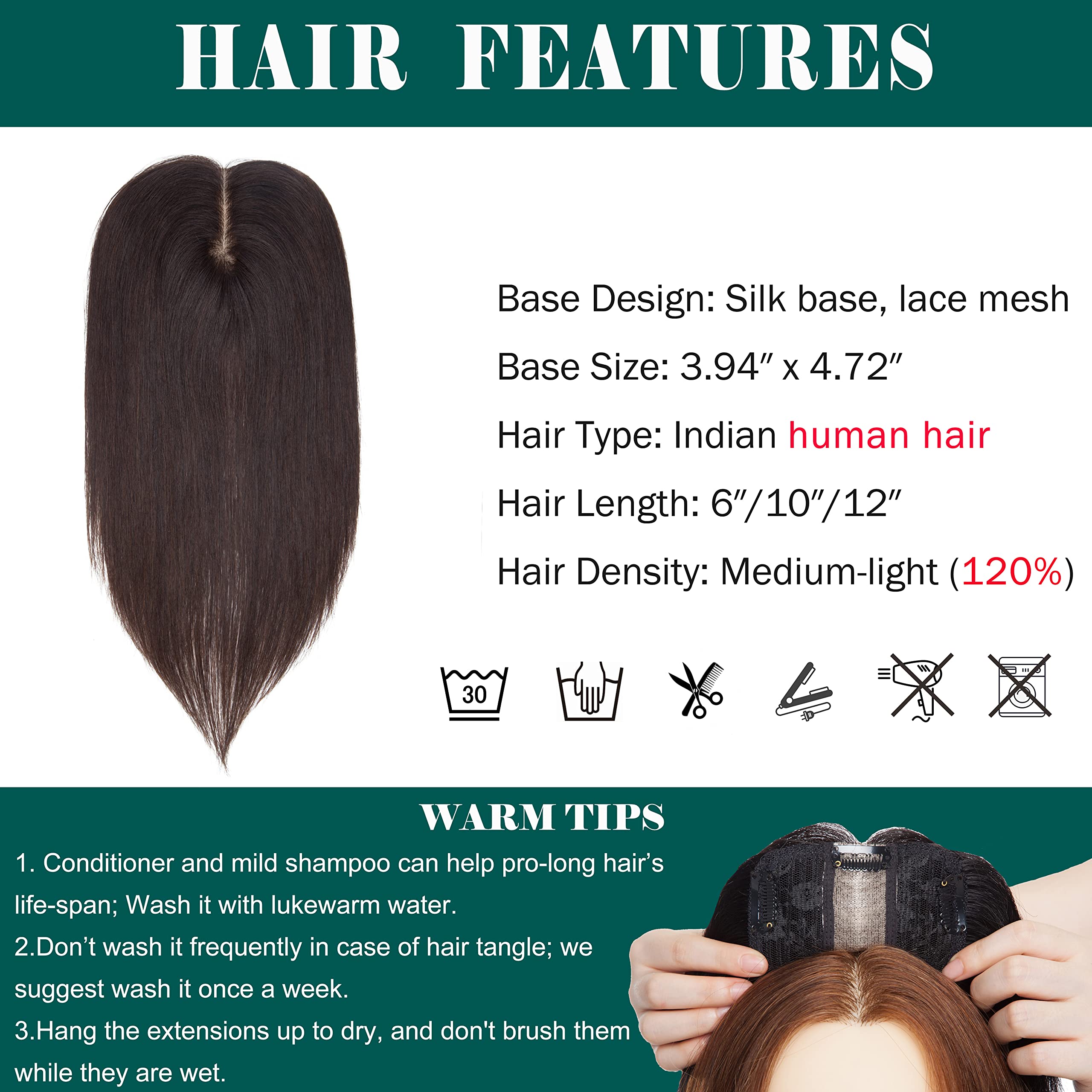 S-noilite 12 Human Hair Crown Toppers Hand Made Silk Base Clip in Top Hair Pieces 120% Density Han Tied Lace Mesh Wiglet Toupee Long Replacement Top Hairpieces For Hair Loss 40g #2 Dark Brown