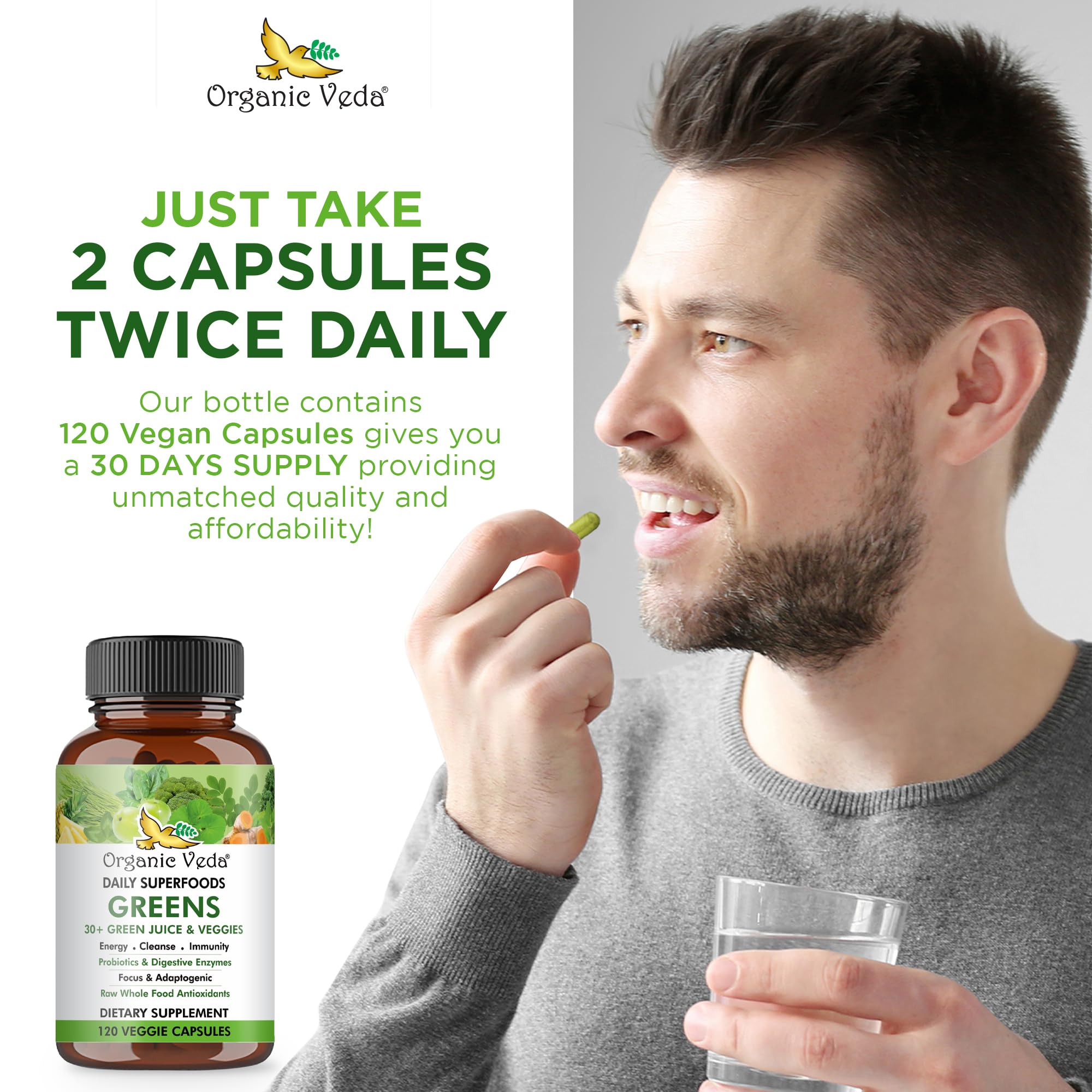 Organic Veda Superfoods Greens Capsules - 30+ Super Green Juice and Veggies Supplement with Moringa, Matcha, Spirulina, Chlorella, Turmeric - Antioxidants, Probiotics & Digestive Enzymes - 120 ct