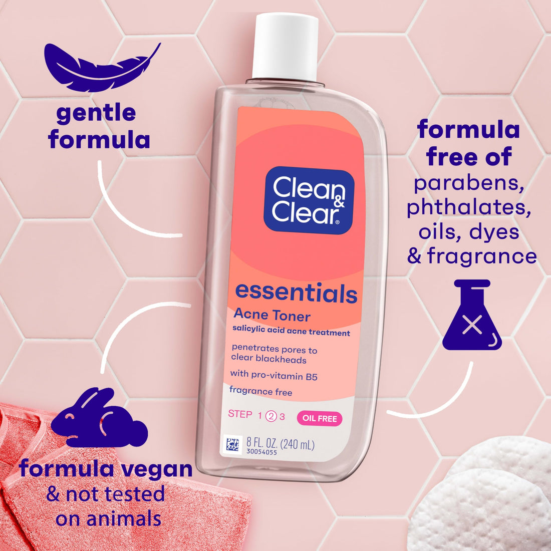 Clean & Clear Essentials Oil-Free Acne Toner, 2% Salicylic Acid Acne Treatment, Gentle Facial Toner for Pimples Cleanses Pores to Clear & Remove Blackheads, Fragrance Free, 8 fl. oz