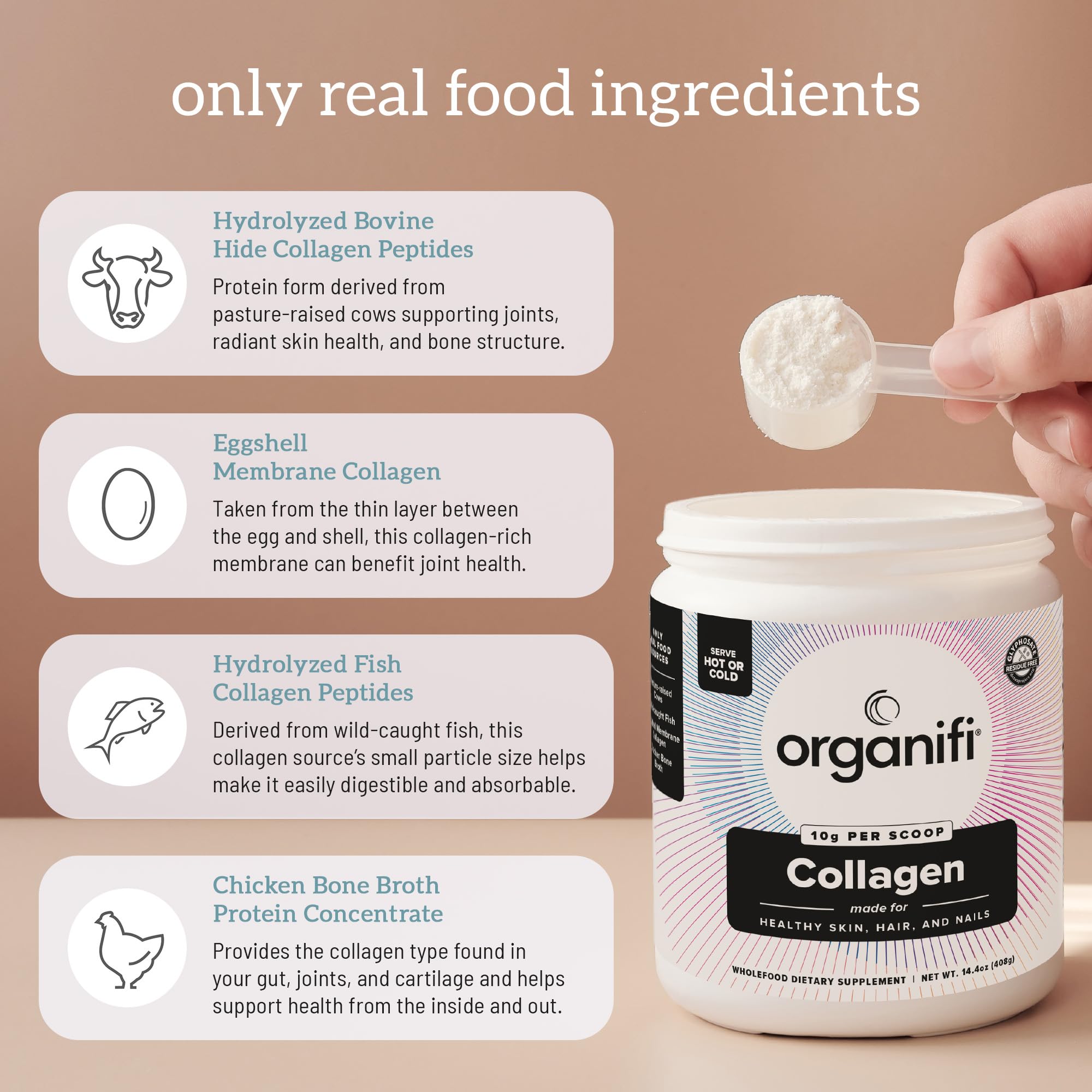 Organifi Unflavored Collagen Powder - Supports Stronger Skin, Nails, and Hair, 30 Servings