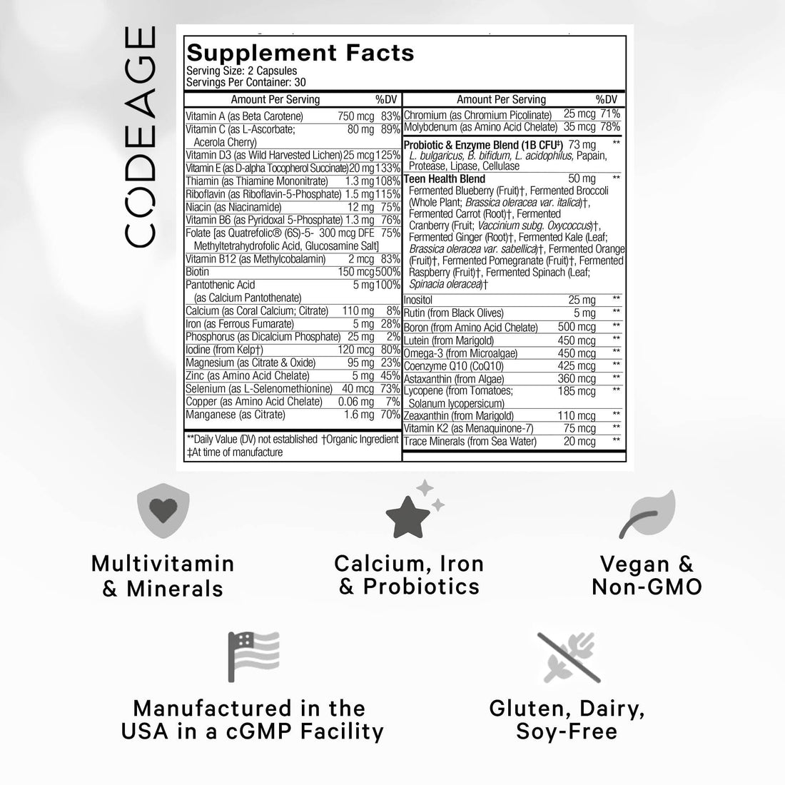 Codeage Teen’s Daily Multivitamin Supplement, 25+ Vitamins & Minerals for Teenage Boys & Girls, Organic Whole Foods Vitamins for Teenagers, Vitamin A, B, C, D, E, K, Omega-3, 60 Ct