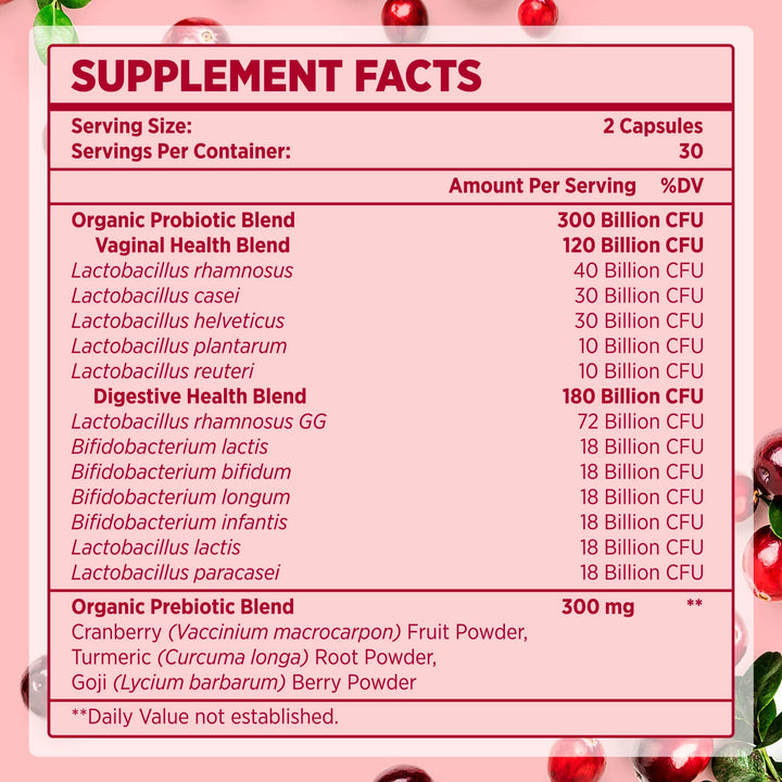 Probiotics for Women - 300 Billion CFU Probiotic, 12 Strains Probiotics with Cranberry, Selected Women Probiotic for Vaginal, Urinary, pH Balance, Diarrhea, Digestive Gut & Immune Health - 120 Capsule