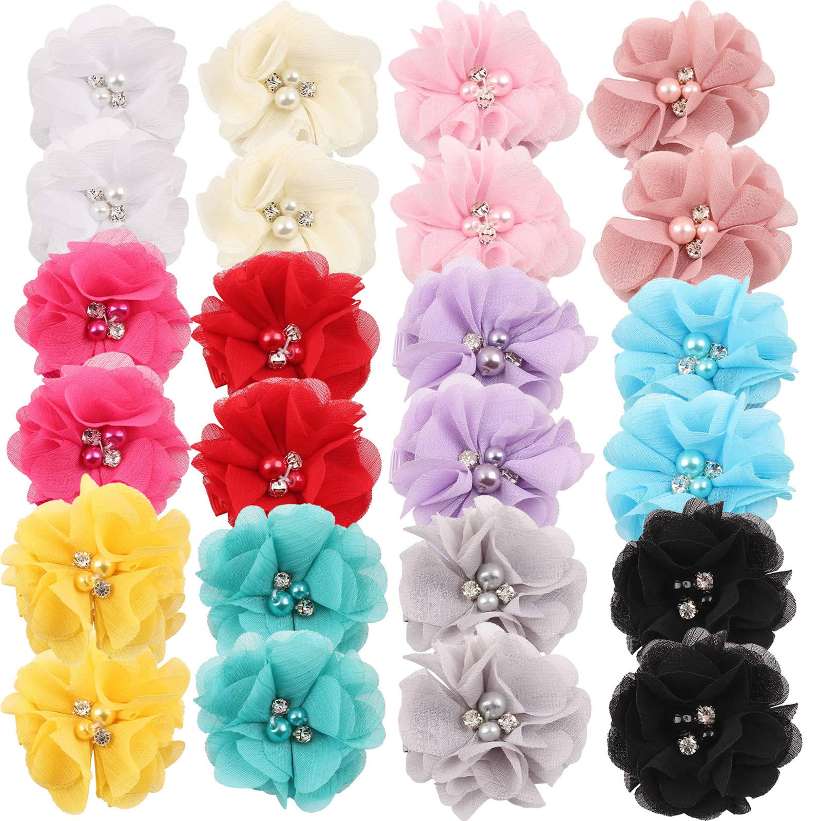 inSowni 2 Alligator Hair Clips Barrettes Chiffon Flower Bow with Rhinestone Pearl for Baby Girl Toddlers