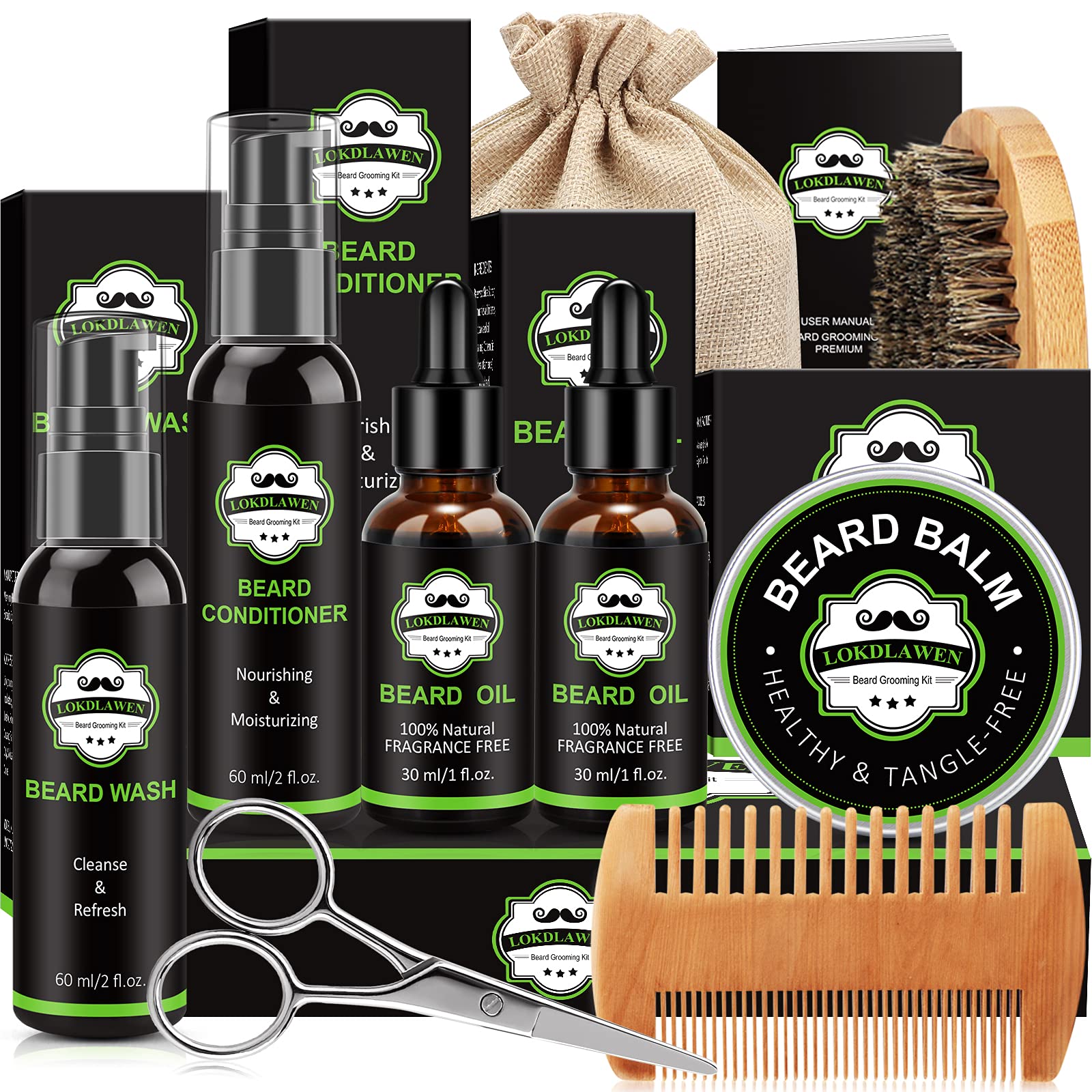LOKDLAWEN Beard Kit for Men with Beard Wash, Beard Conditioner, Beard Oil, Beard Balm, Brush, Comb, Scissors, Storage Bag, Gifts for Men Dad Husband Boyfriend