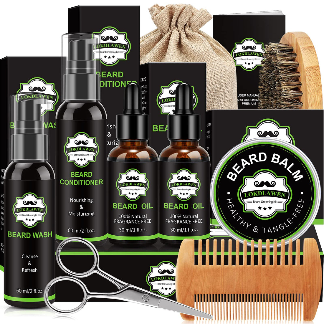 LOKDLAWEN Beard Kit for Men with Beard Wash, Beard Conditioner, Beard Oil, Beard Balm, Brush, Comb, Scissors, Storage Bag, Gifts for Men Dad Husband Boyfriend