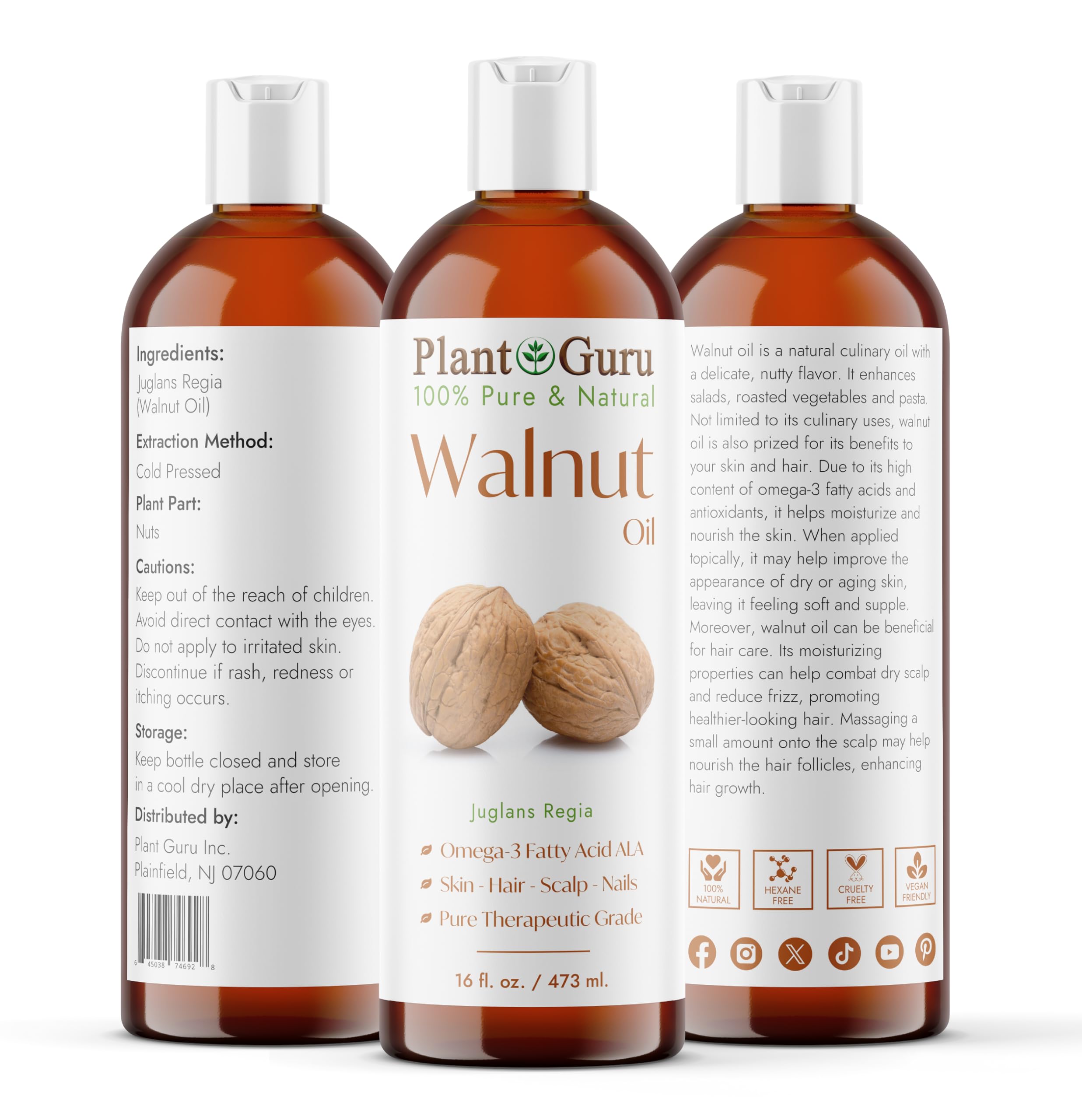 Walnut Oil 16 oz - Cold Pressed 100% Pure Natural - Skin, Body, Face, and Hair Growth Moisturizer. Great For Creams, Lotions, Lip balm and Soap Making.