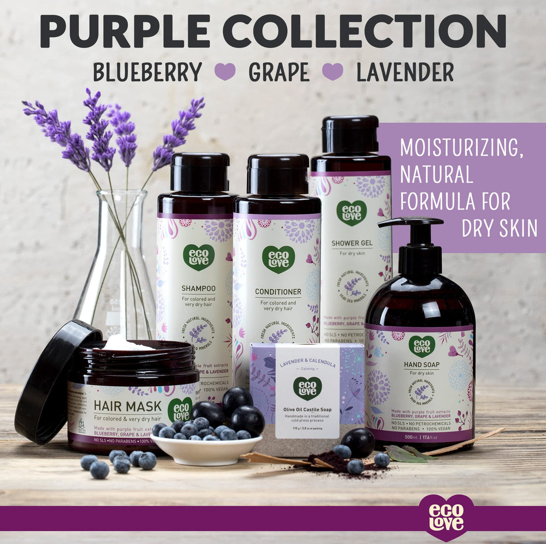 Purple : ecoLove Purple Collection Hand Soap for dry skin - Blueberry, Grape & Lavender. 100% VEGAN (17.6 Oz)