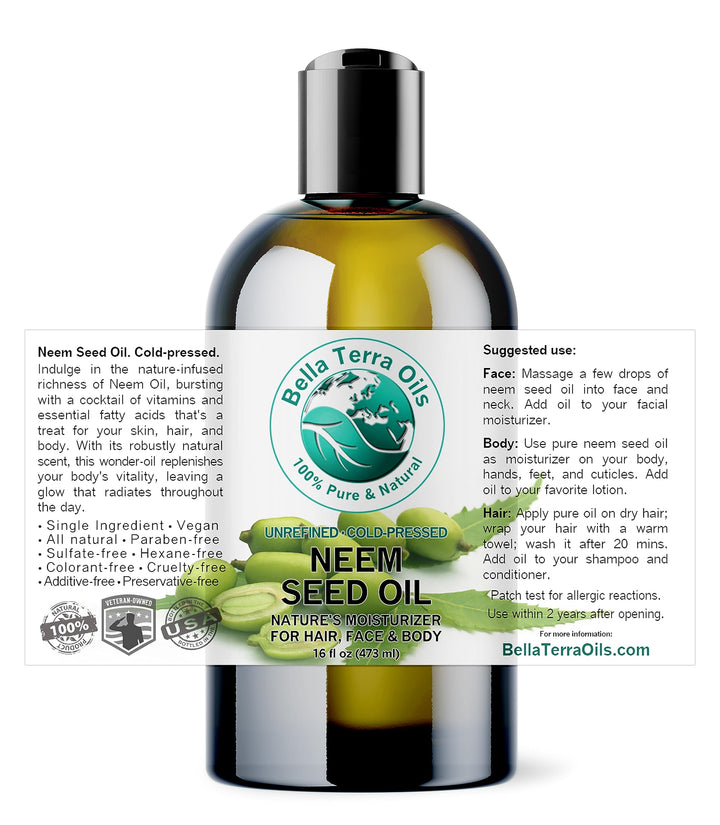 Neem Oil 16 oz 100% Pure Cold-pressed Unrefined Organic - Bella Terra Oils