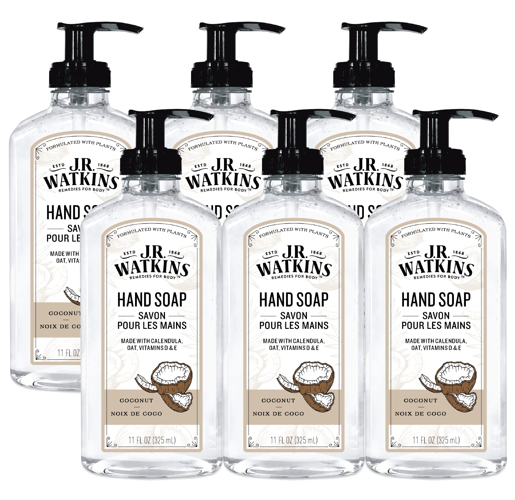 J.R. Watkins Natural Liquid Hand Soap, Coconut, 11 Ounce (Pack of 6)