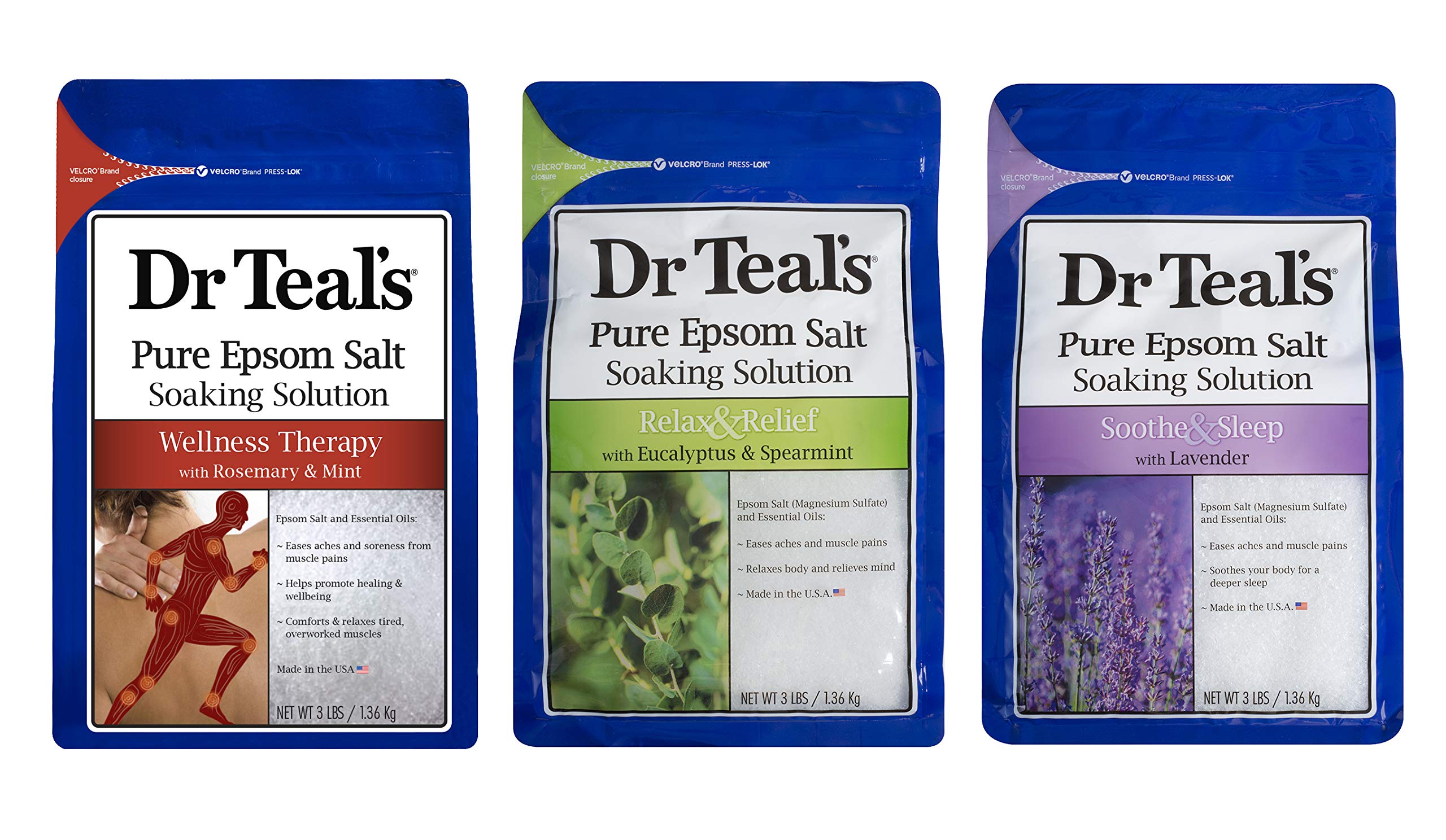 Dr. Teals Epsom Salt Bundle, 3 Items: 1 Relax & Relief Eucalyptus Spearmint 3lbs, 1 Sooth & Sleep Lavender 3lbs and 1 Therapy & Relief Rosemary and Mint 3lbs.