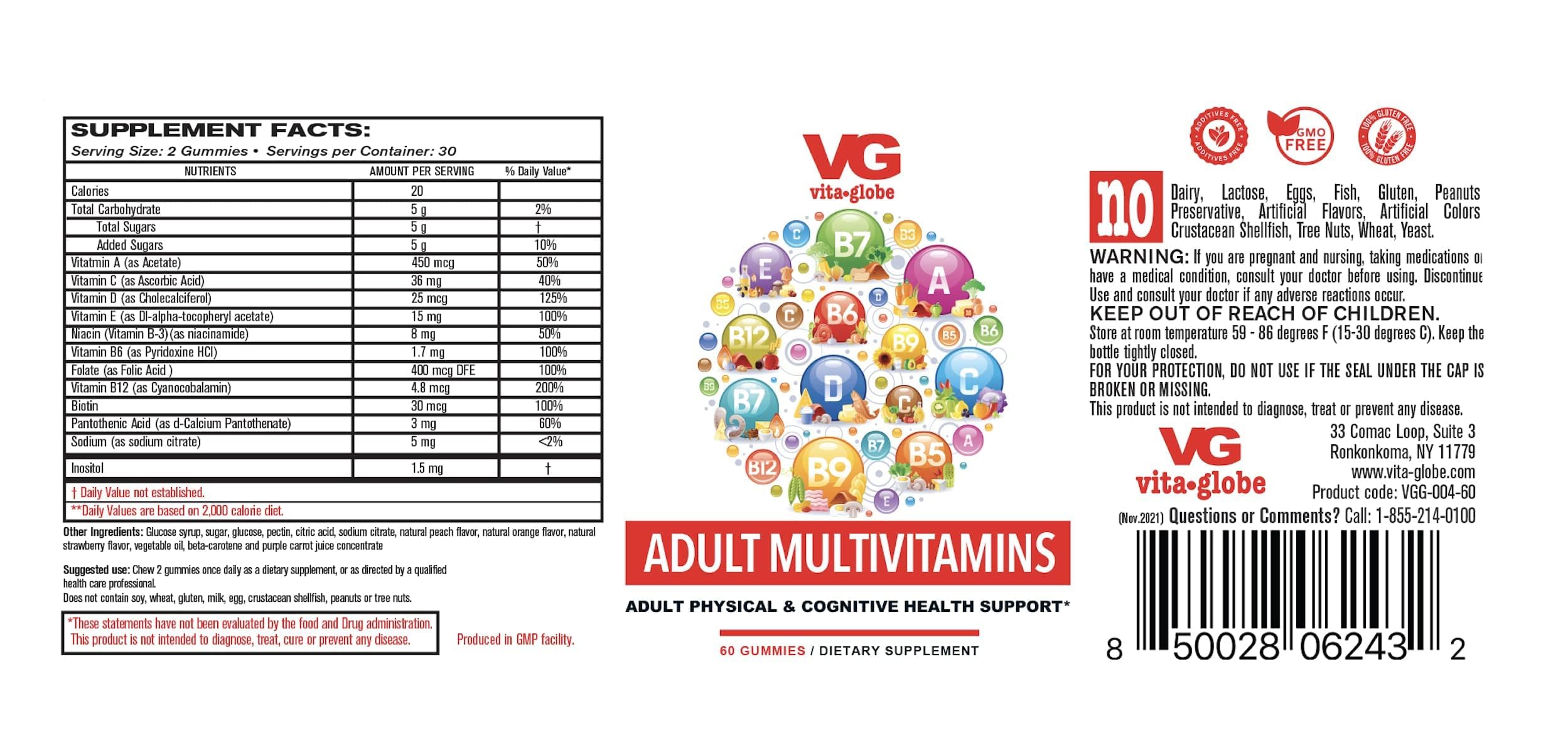 VITA GLOBE Adult Multivitamin Gummy with Vitamin, Vitamin C, Vitamin D Vitamin E, Niacin, Vitamin B6, Folate, Vitamin B12 Biotin, Pantothenic Acid, Sodium, Inisitol, 60 Count (Pack of 1)